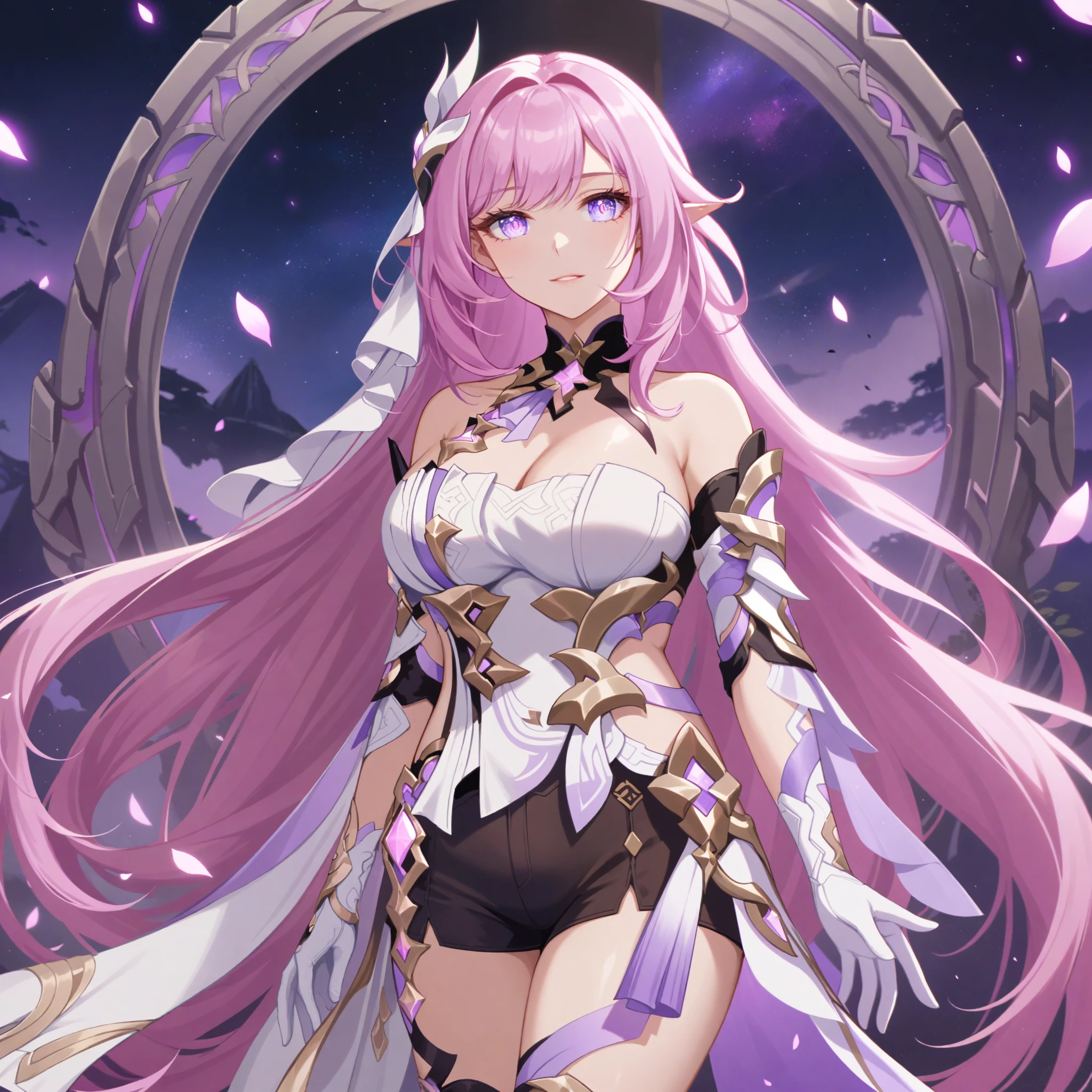 Masterpiece,very aesthetic,1girl,elysia \(herrscher of human:ego\) \(honkai impact\),pink hair,purple eyes,pointed ears,white clothes,highly detailed,digital painting,elysian realm,illustrated by Ayami Kojima and Karol Bak and criin,glowing pink petals,anime fantasy background,intricate,white top,white gloves, iridescent light, large breasts, black short shorts,official honkai imapct 3 cg