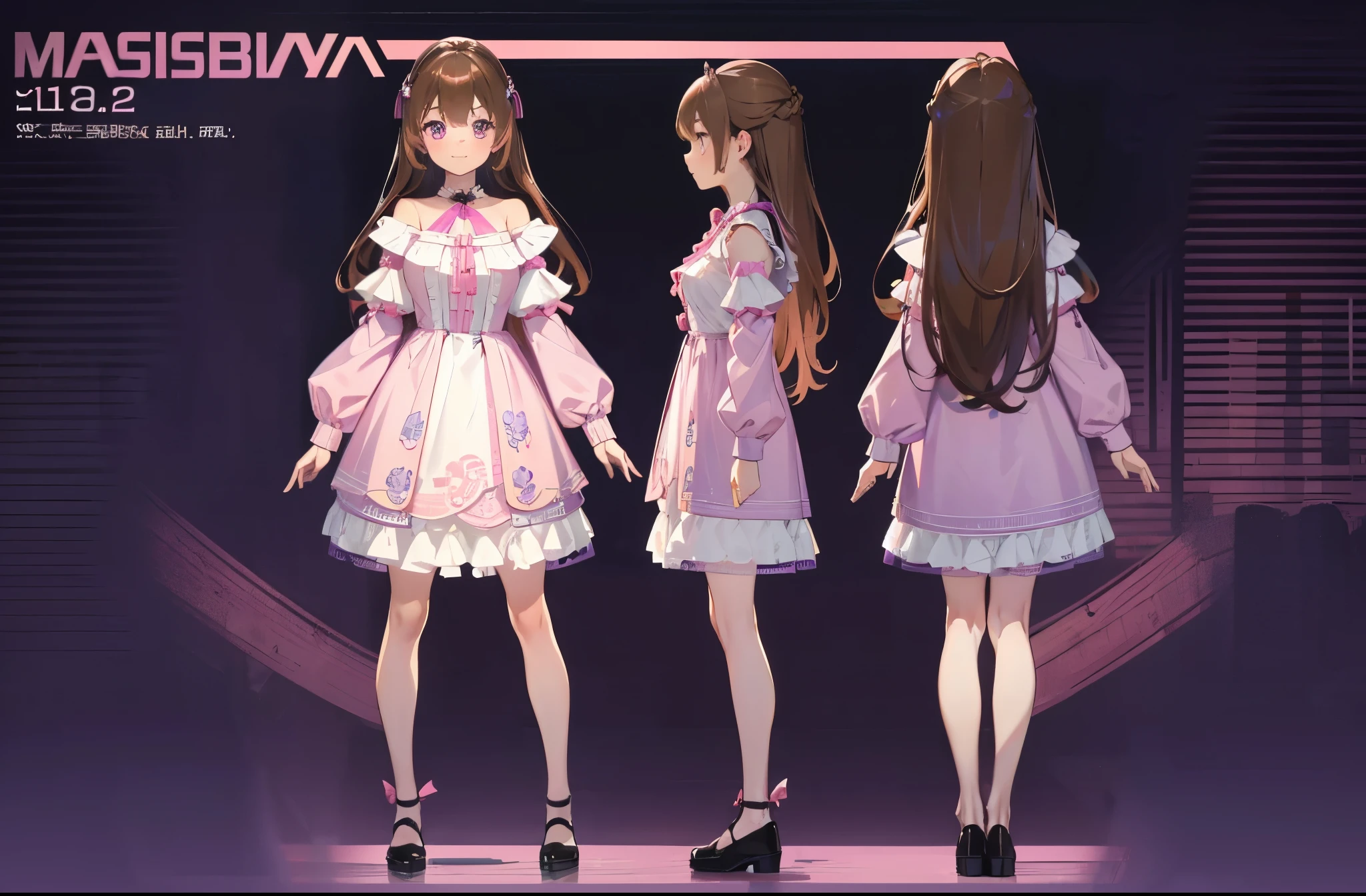 (masterpiece:1.2, best quality), 1woman, tall, adult, cute face, big eyes, round cubby cute face, smile, long legs, full body, adult mature female (long light Brown hair, (brown-pink mullet 1.1)), ( long hair), purple eyes, (purple pupil,) Lolita, dress Lolita, Cute ribbon, girl style ((masterpiece)), (((best quality))), (character design sheet, same character full body, front, side, back), Illustration, hair color, bangs, hair fax, eyes, environment change, pose kota, female, game design character sheet for 2d game, full body, model sheet turnaround, full color, two thirds wiew, front::4 view and back view, high resolution, 8k, 4k, high quality