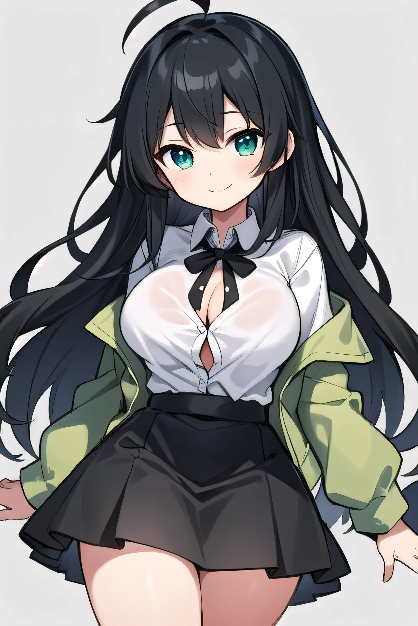 Junior high school student who looks like an elementary school student, , very short, 140 cm tall, black hair with a slight green tinge, short ahoge, beautiful long hair but with a little hair sticking out, beautiful round eyes, blue eyes, smile, boyish, long sleeves, Thick clothes, skirt, big breasts, hair longer than waist, long hair, childish face, gentle smile, a little shy, black skirt, black hair with a slight green tinge, boyish, gentle smile, jacket one size larger, ( Deep greenish black hair: 1.3),her bra is visible