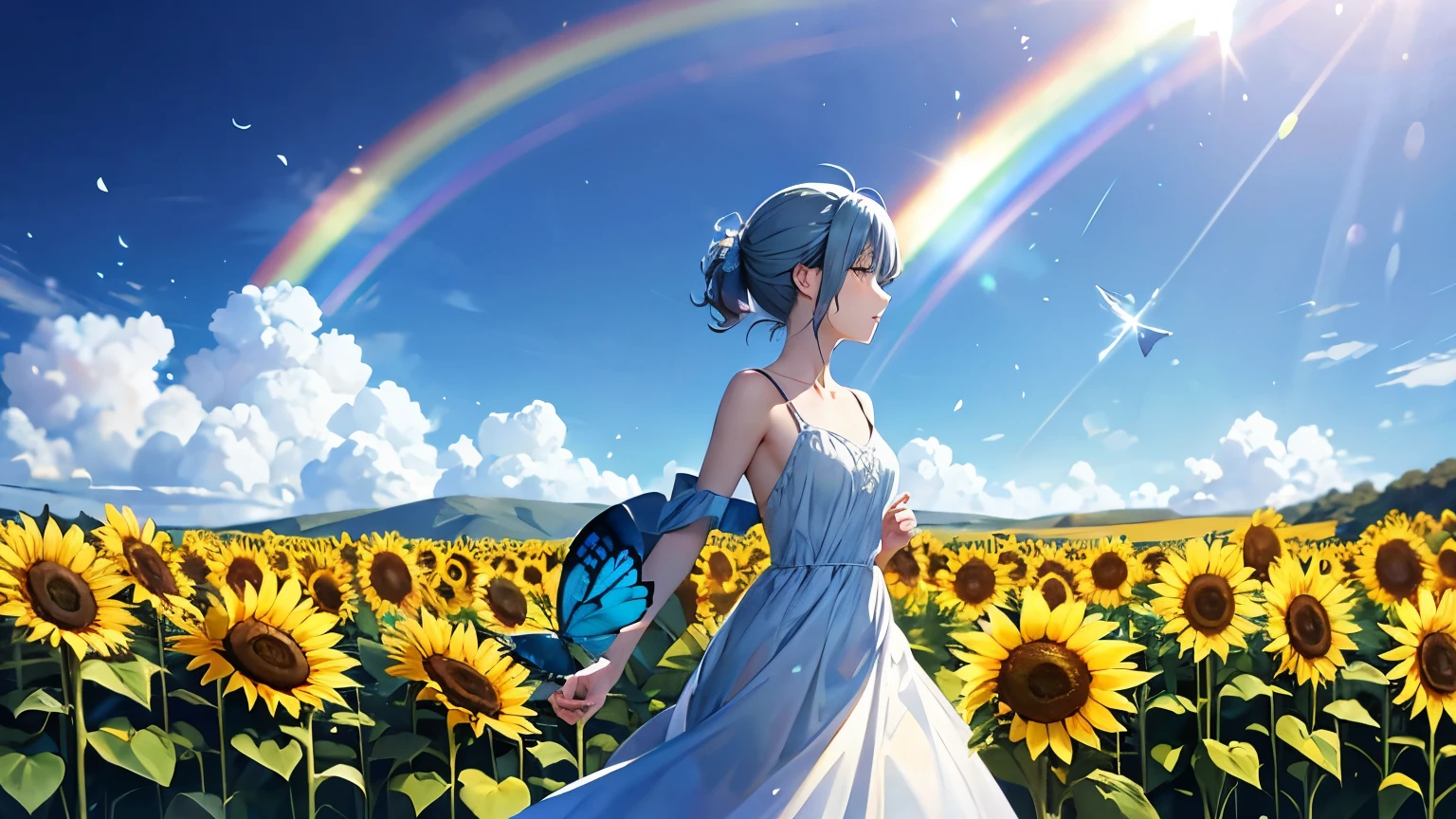 Pale-tailed blue butterfly flying in the sunflower field，Clear blue sky with rainbow and burning meteorites