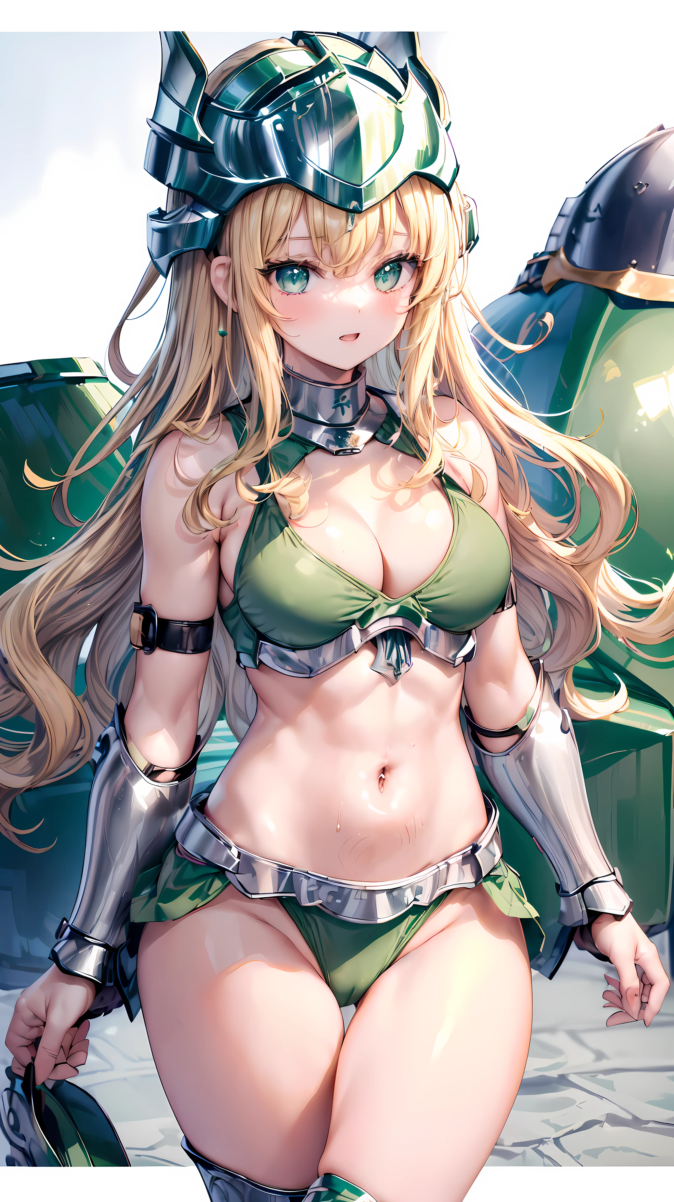 Very detailed、highest quality、Best image quality、masterpiece、8k、Anime Face、A kind smile、Open your mouth、Sparkling blue eyes、(Blonde wavy hair:1.5)、、Muscles of the whole body、camisole、Thigh belt、mini skirt、(Wearing green bikini armor:1.5)、(Cowboy Shot:1.5)、(Leg armor:1.5)、(Wearing a helmet:1.5)