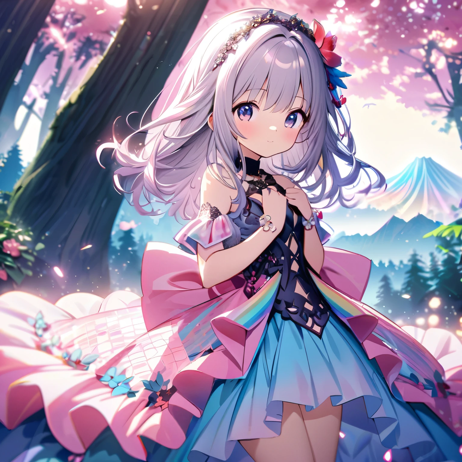 ``Japanese anime character, cute rabbit in pink color, beautiful adorable rabbit wearing an elegant and elaborate Hawaiian dress, the dress must have intricate designs and patterns to give it a luxurious and exclusive look. In the background, the image should depict the richness of the forest, with sunlight reflecting off the trees and illuminated mountains beyond. , emphasize the shimmering effect and rainbow throughout the image. Enhance your look and add special ruffles to your dress to stand out.”