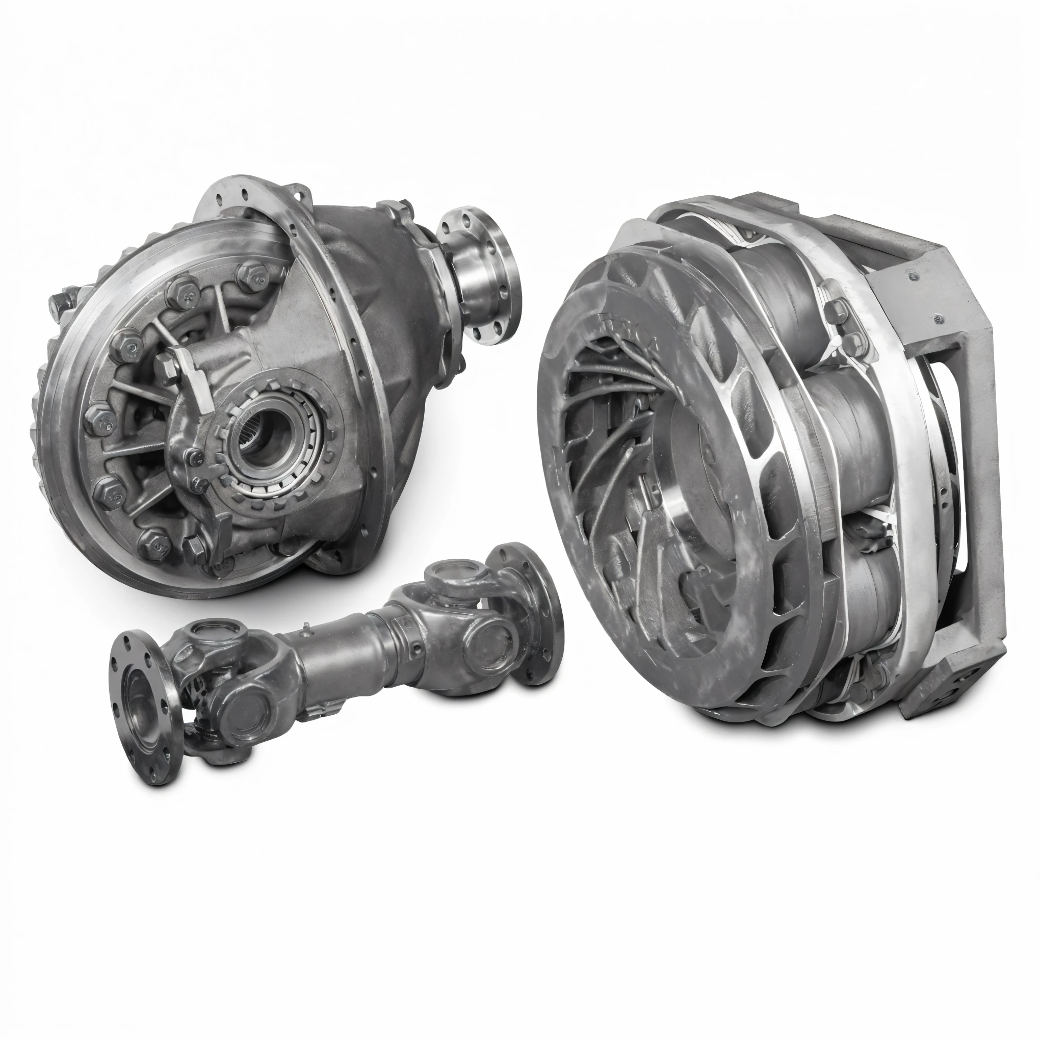 Close up of turbo engine and gears, Complex parts, "High quality product image", aftermarket parts, detailed innards, Rotational symmetry, Chrome plated parts, Detailed mechanical design, 3D 产品Rendering, exploded view, Underbody, Rendering, mechanical internal parts, Mechanical Parts, Exposed inner gear, 数字Rendering, Complex features, Very detailed