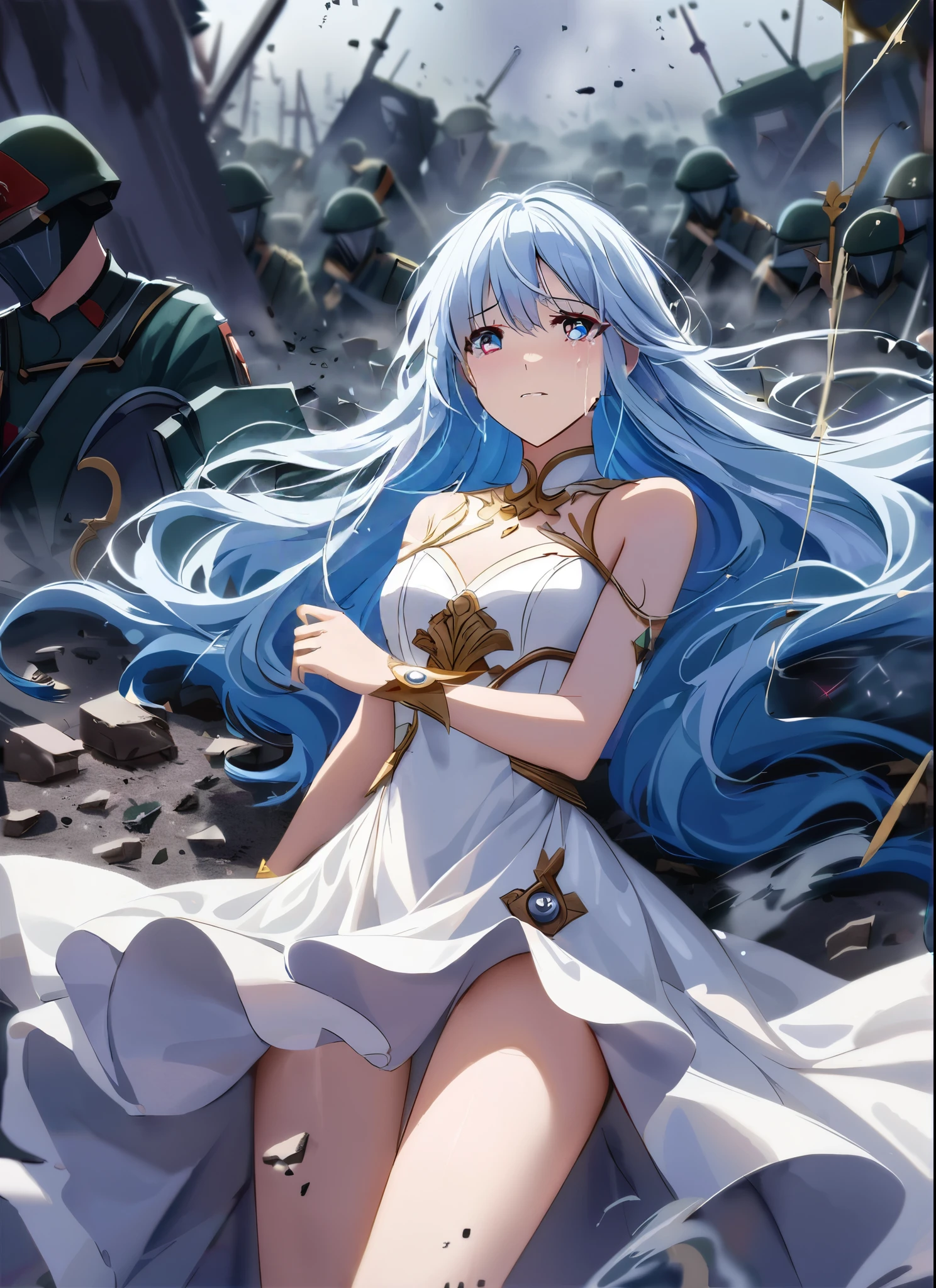 A monark girl in a godess delicate cute white sexy dress, detailed fornitures, in the middle of battlefield, emotions, flowing hair, intense eyes, smoke and debris, defeated army, fallen soldiers, chaos, sadness, sorrow, tears flowing in the face