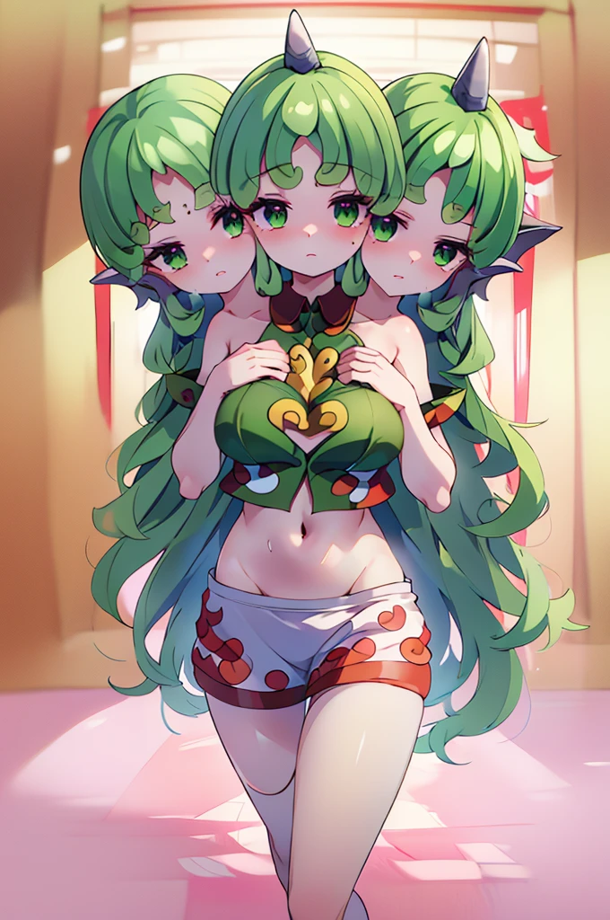 (masterpiece, best quality), best quality, (ultra-detailed), (3heads:1.5), 1girl, (komano aunn:1.3), masterpiece, best quality, ultra quality, ultra resolution, ultra detail, red top, crop top, ((stomach)), midriff, ((groin)), white skirt, normal ears, shackles, green hair, very long hair, wavy hair, sidelocks, green eyes, parted lips, single horn, sweat, cute, toned belly, hand on own chest, eyelashes, (24 year old woman:1.3), (masterpiece:1.5), (best quality:1.5), (beautiful detailed), extremely detailed CG, extremely delicate and beautiful, depth of field, (finely detailed face), (perfect details:1.2), (mature female:1.3), wide pelvis, slender, large veiny breast, 16k resolution, highres, high quality, high definition, extremely detailed, masterpiece, green hair, long hair, alluring presence, braid, short skirt, close up, big tits, young,