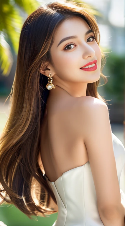 Beautiful girl: Asian, super adorable;
Age: 18-20 years old;
Hair: copper orange, silky, shimmering in the sunlight, detailed;
Skin: ivory white, rosy without blemish;
Eyes: deep black, almond-shaped, seductive, youthful, clear, ultra-detailed, elegant, enticing, sharply made up, realistic, captivating;
Eyelids: graceful, perfectly beautiful;
Eyebrows: curved, sparse, sharp;
Face: beautiful, pure, like a fairy, lightly made up, adorable, perfectly proportioned, beautiful in every detail;
Nose: cute, lovely, high;
Cheeks: prominent;
Lips: charming, lightly red lipstick, lovely gloss;
Teeth: bright, radiant smile, pure white;
Body: full of youthfulness;
Accessories: necklace, earrings, bracelet;
Clothing: silk, exquisite, embroidered with flowers;
Fashion style: upscale, modern 2024, elegant;
Image quality: non-NSFW, 8K CG HD, sharp, superb graphics, professional, detailed, vibrant colors, ultra-smooth, advanced techniques, authentic RAW;
Lighting: complex color combinations, dark golden rays;
Sunlight: sparkling, illuminating the girl's figure;
Background: paradise, legendary.
(The girl is posing with her back towards the viewer).