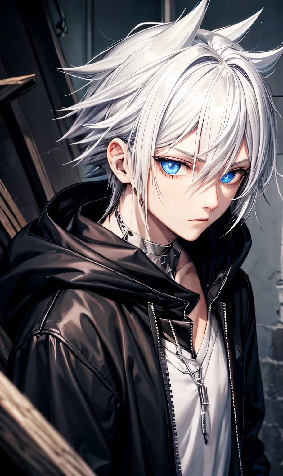 Black hoodie,Wearing a hood,
male,silver hair,Spiky Hair,Visual Kei,On the face,Slums,Beautiful Blue Eyes,Jewelry Eye,