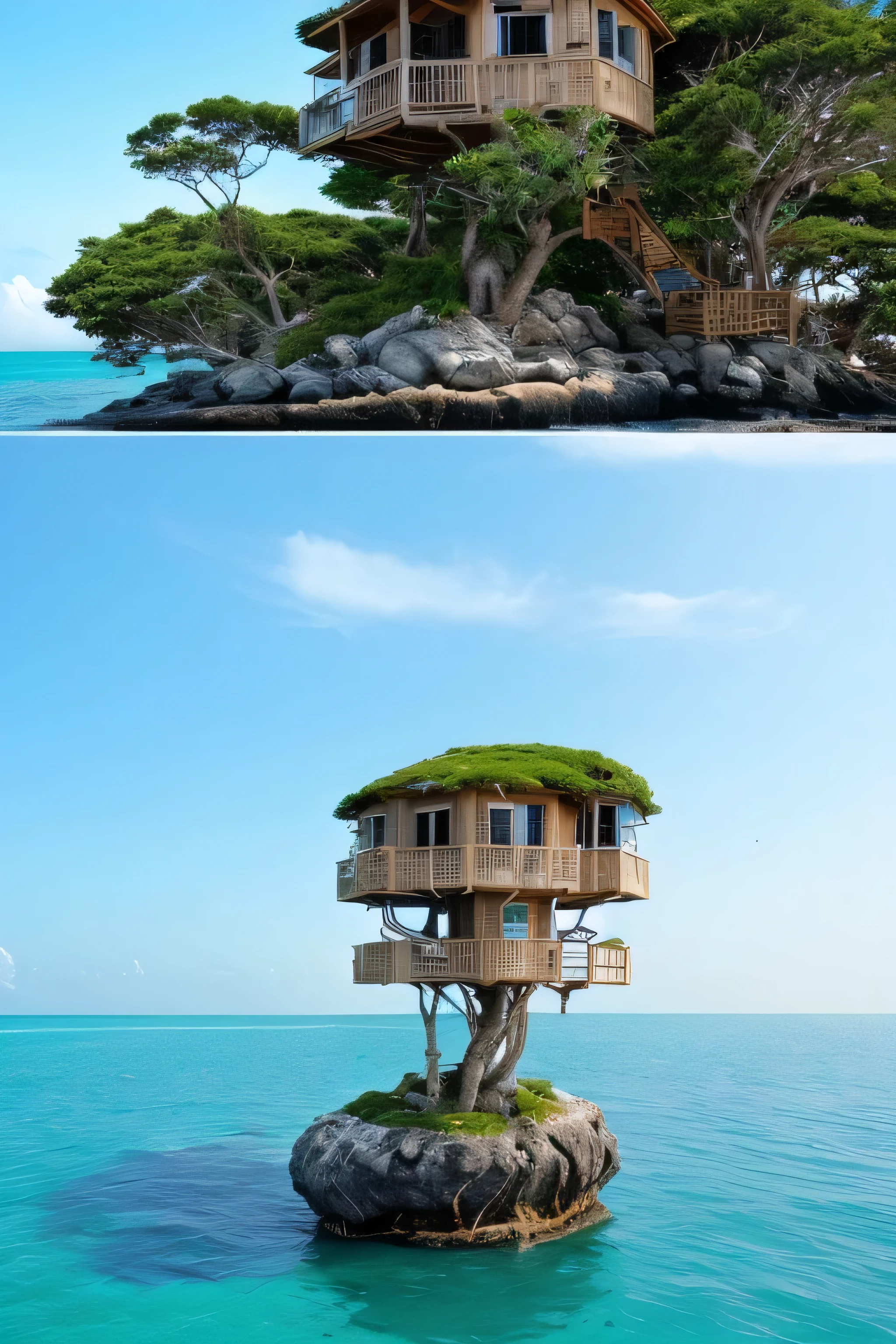 Perfection The Coolest tree house on a large rock in the middle of the sea with flowers in front of the house and trees on both sides of the house