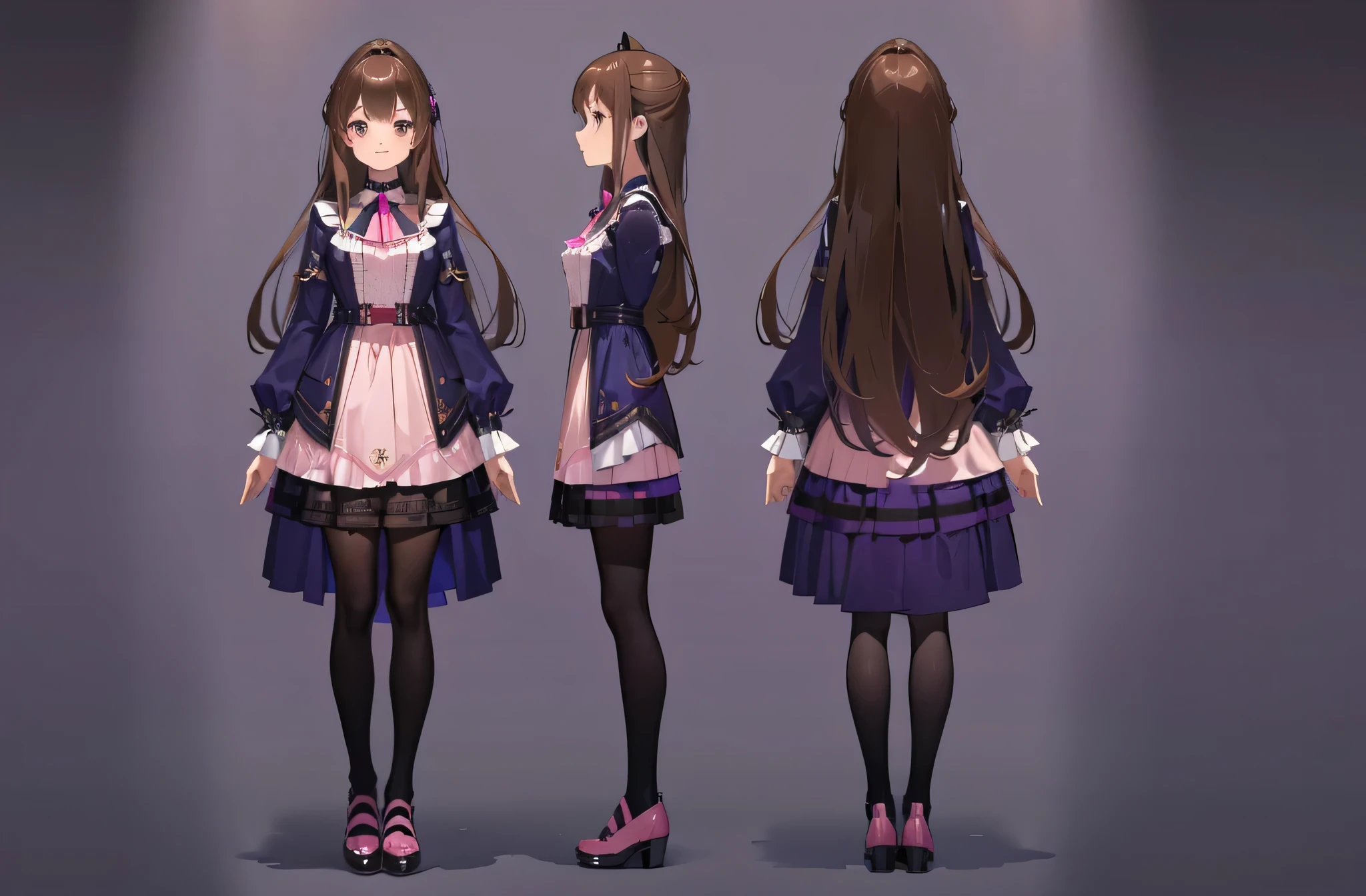 (masterpiece:1.2, best quality), 1woman, tall, adult, cute face, big eyes, round cubby cute face, smile, long legs, full body, adult mature female (long light Brown hair, (brown-pink mullet 1.1)), ( long hair), purple eyes, (purple pupil,) Lolita, dress Lolita, Cute ribbon, girl style ((masterpiece)), (((best quality))), (character design sheet, same character full body, front, side, back), Illustration, hair color, bangs, hair fax, eyes, environment change, pose kota, female, game design character sheet for 2d game, full body, model sheet turnaround, full color, two thirds wiew, front::4 view and back view, high resolution, 8k, 4k, high quality