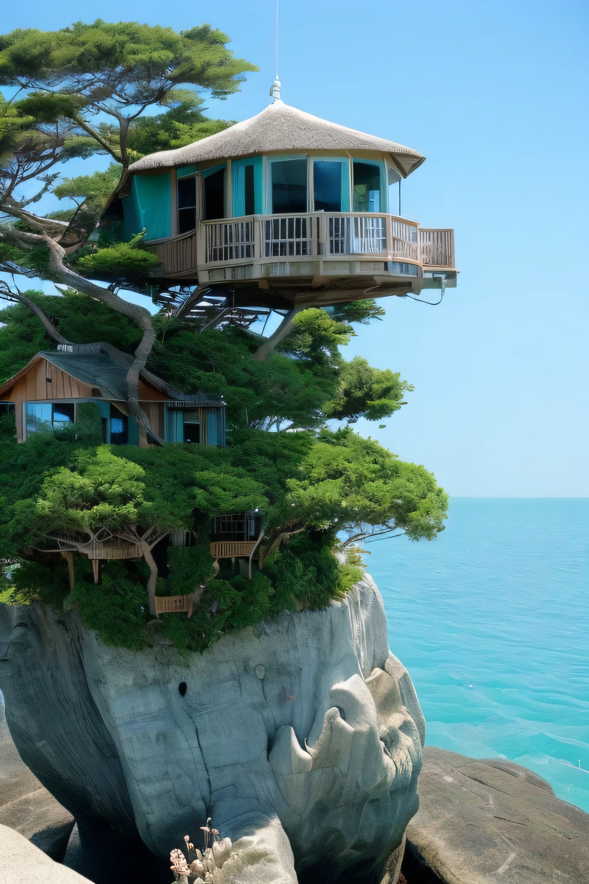 Perfection The Coolest tree house on a large rock in the middle of the sea with flowers in front of the house and trees on both sides of the house