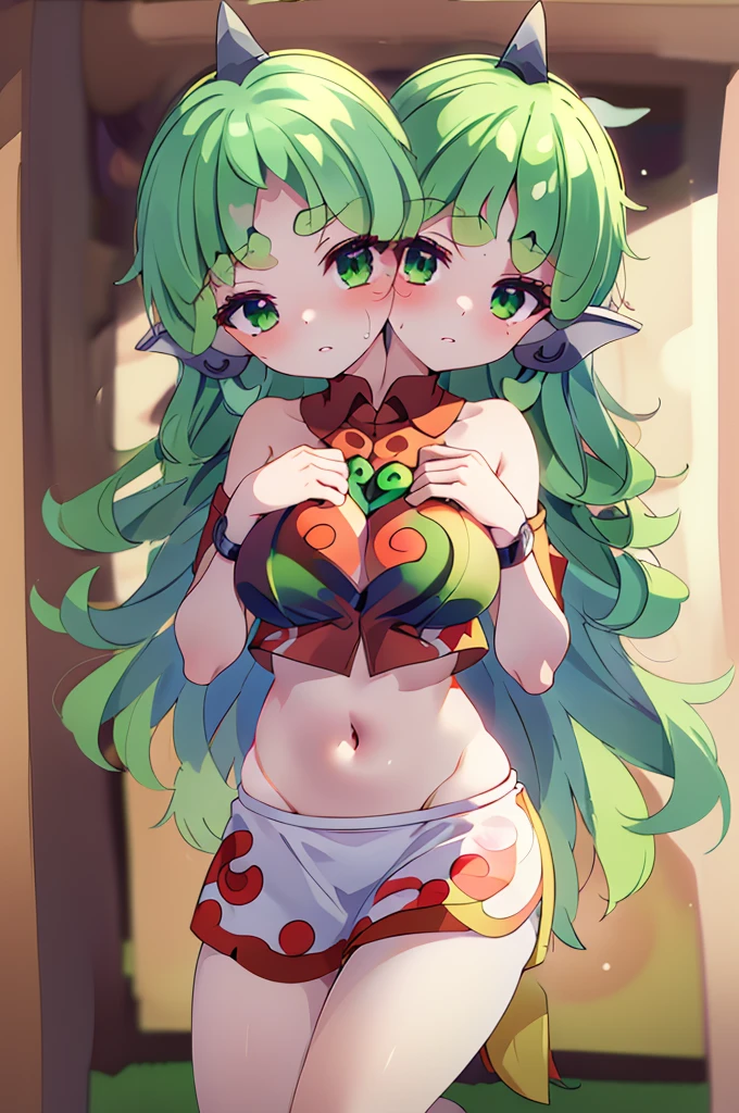 (masterpiece, best quality), best quality, (ultra-detailed), (3heads:1.5), 1girl, (komano aunn:1.3), masterpiece, best quality, ultra quality, ultra resolution, ultra detail, red top, crop top, ((stomach)), midriff, ((groin)), white skirt, normal ears, shackles, green hair, very long hair, wavy hair, sidelocks, green eyes, parted lips, single horn, sweat, cute, toned belly, hand on own chest, eyelashes, (24 year old woman:1.3), (masterpiece:1.5), (best quality:1.5), (beautiful detailed), extremely detailed CG, extremely delicate and beautiful, depth of field, (finely detailed face), (perfect details:1.2), (mature female:1.3), wide pelvis, slender, large veiny breast, 16k resolution, highres, high quality, high definition, extremely detailed, masterpiece, green hair, long hair, alluring presence, braid, short skirt, close up, big tits, young,
