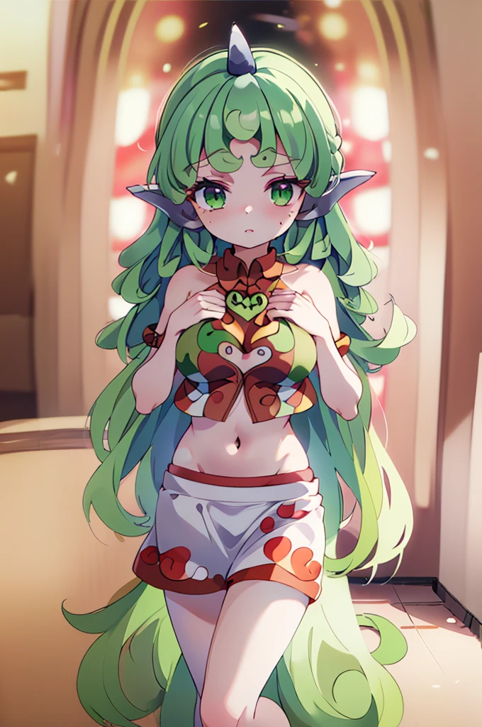 (masterpiece, best quality), best quality, (ultra-detailed), (3heads:1.5), 1girl, (komano aunn:1.3), masterpiece, best quality, ultra quality, ultra resolution, ultra detail, red top, crop top, ((stomach)), midriff, ((groin)), white skirt, normal ears, shackles, green hair, very long hair, wavy hair, sidelocks, green eyes, parted lips, single horn, sweat, cute, toned belly, hand on own chest, eyelashes, (24 year old woman:1.3), (masterpiece:1.5), (best quality:1.5), (beautiful detailed), extremely detailed CG, extremely delicate and beautiful, depth of field, (finely detailed face), (perfect details:1.2), (mature female:1.3), wide pelvis, slender, large veiny breast, 16k resolution, highres, high quality, high definition, extremely detailed, masterpiece, green hair, long hair, alluring presence, braid, short skirt, close up, big tits, young,
