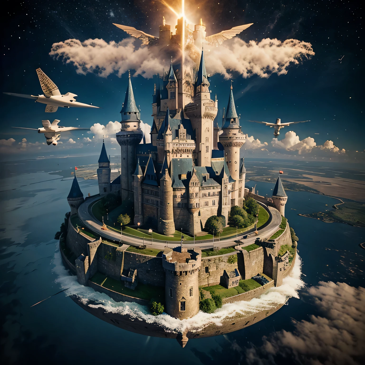 I want you to make a magical flying city with a castle in the middle.
