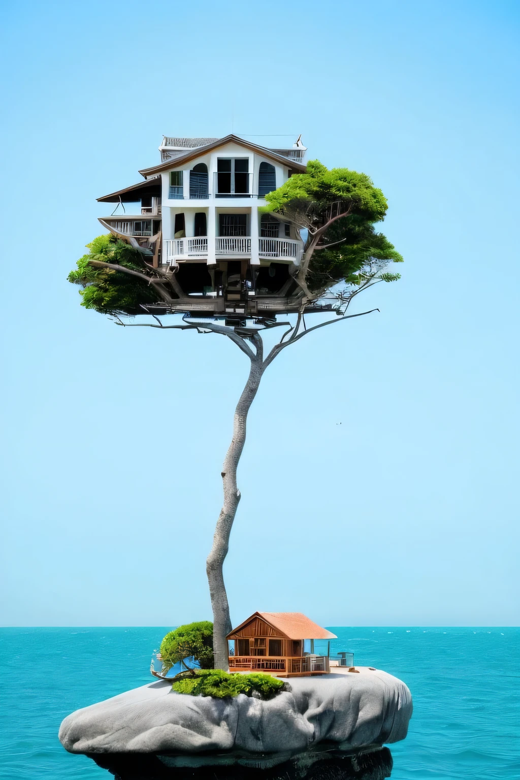 Perfection The Coolest tree house on a large rock in the middle of the sea with flowers in front of the house and trees on both sides of the house