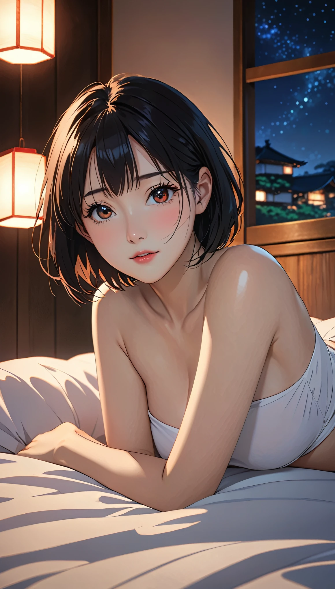(((I want to see up to my knees:1.5、Ezvian everywhere:1.5)))、masterpiece, High resolution, shape, Kyoto Animation Style, Your Name Movie Style, night, midnight, Light, (1 female: 1.3), (alone: 1.4), Long eyelashes, Short Bob, Red Nose, Lying down, , Lying in bed、Tears flow、(Outstretched Hand:1.2)、Mr..々Pause、(上半身のみnaked)、Big Brect nipples:1.(Wide-gs:1.5)、Wide waist、Grey sports bra