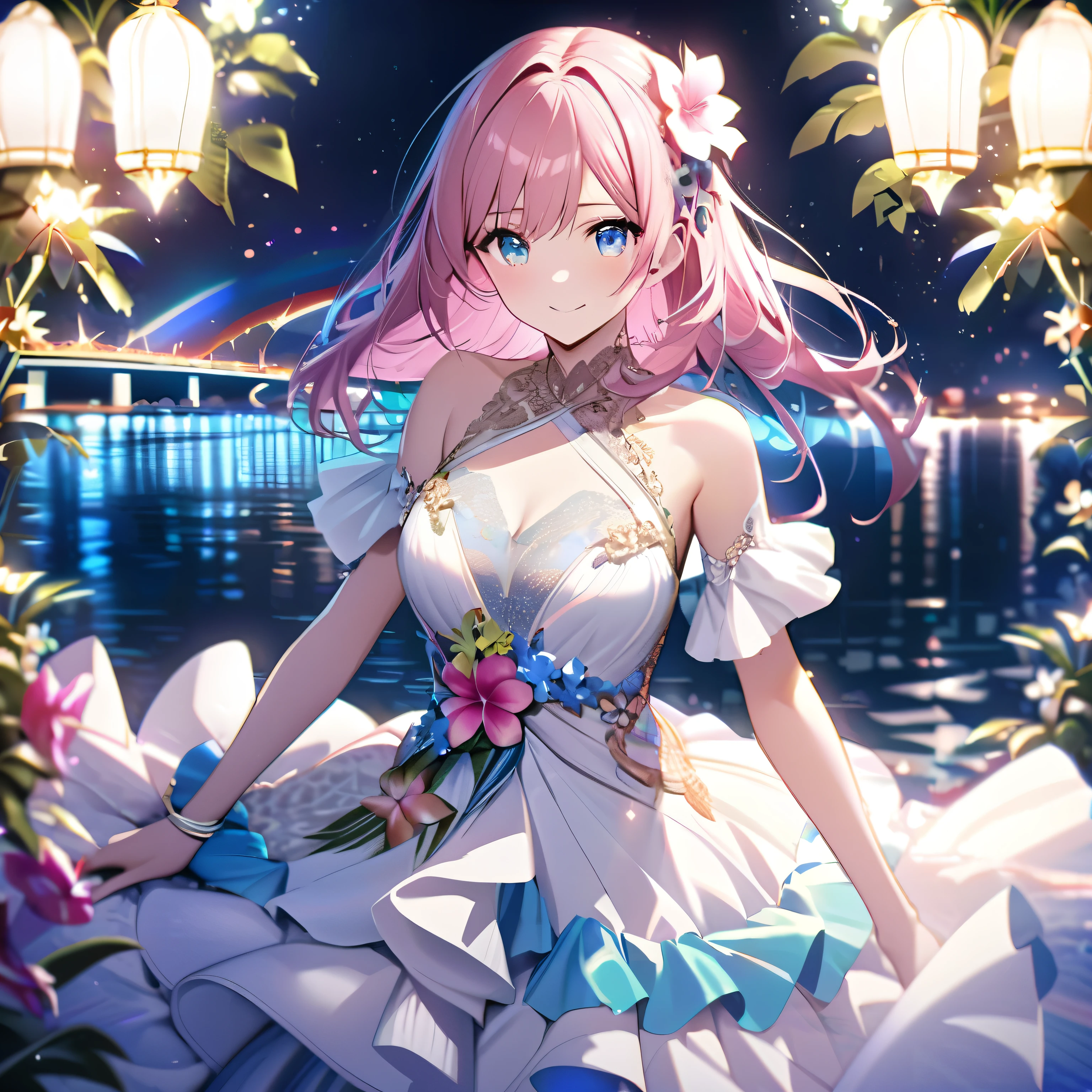 ``She has long pink hair and beautiful eyes.、Beautiful woman in an elegant and elaborate Hawaiian dress.For the dress、It needs intricate designs and patterns to give it a luxurious and classy look.。.In the background , The image is、The light reflected on the water surface、Beyond that is an illuminated bridge、It must depict a romantic Hawaiian beach at night.。, Enhance the sparkle effect and rainbow throughout the image. Enhance your looks、Add some special frills to your dress to make it stand out.”