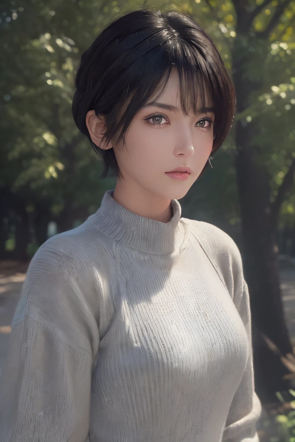 (masterpiece:1.3), (8k, photorealistic, RAW photo, best quality: 1.4), (1girl), beautiful face, (realistic face), (black hair, short hair:1.3), beautiful hairstyle, realistic eyes, beautiful detailed eyes, (realistic skin), beautiful skin, (sweater), absurdres, attractive, ultra high res, ultra realistic, highly detailed, golden ratio