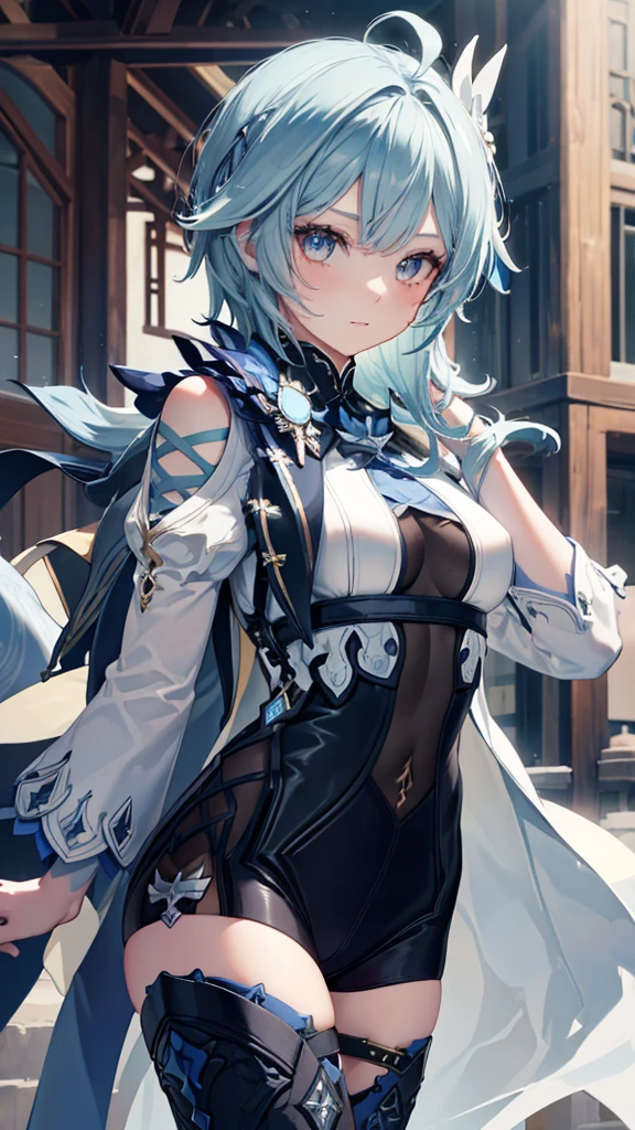 (photorealistic:1.4), (masterpiece, sidelighting, finely detailed beautiful eyes: 1.2), masterpiece*portrait, realistic, 3d face, eula \(genshin impact\), 1girl, ahoge, architecture, By bangs，Bare shoulders，Bell，black glove，（Black tights，light blue hair，Hair pin），Blushlush，Beautiful breasts，Chinese knot，the sleeve，flower knot，middle light blue hair，Look at the audience，middlebreast，Neckbells