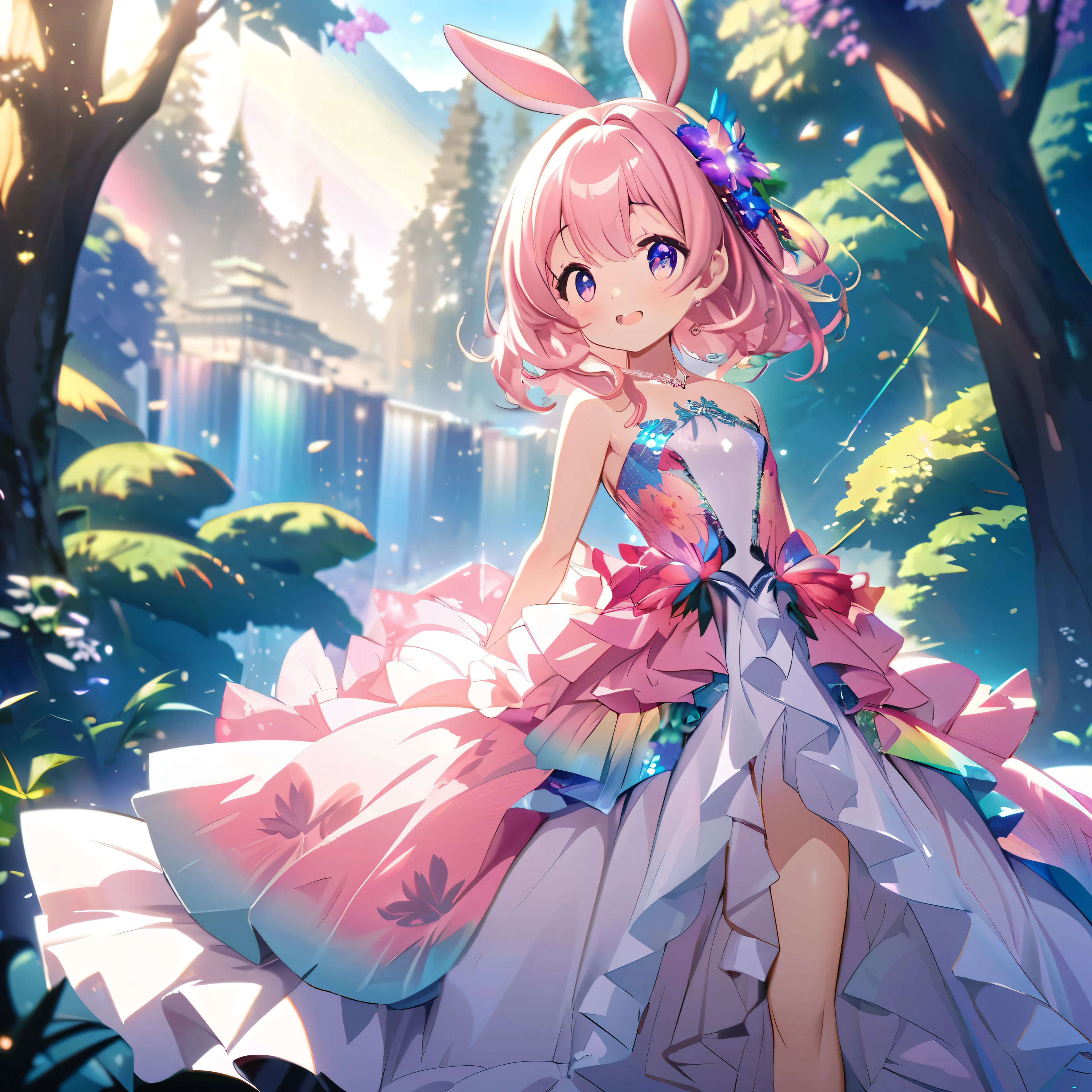 ``Japanese anime character, cute rabbit in pink color, beautiful adorable rabbit wearing an elegant and elaborate Hawaiian dress, the dress must have intricate designs and patterns to give it a luxurious and exclusive look. In the background, the image should depict the richness of the forest, with sunlight reflecting off the trees and illuminated mountains beyond. , emphasize the shimmering effect and rainbow throughout the image. Enhance your look and add special ruffles to your dress to stand out.”