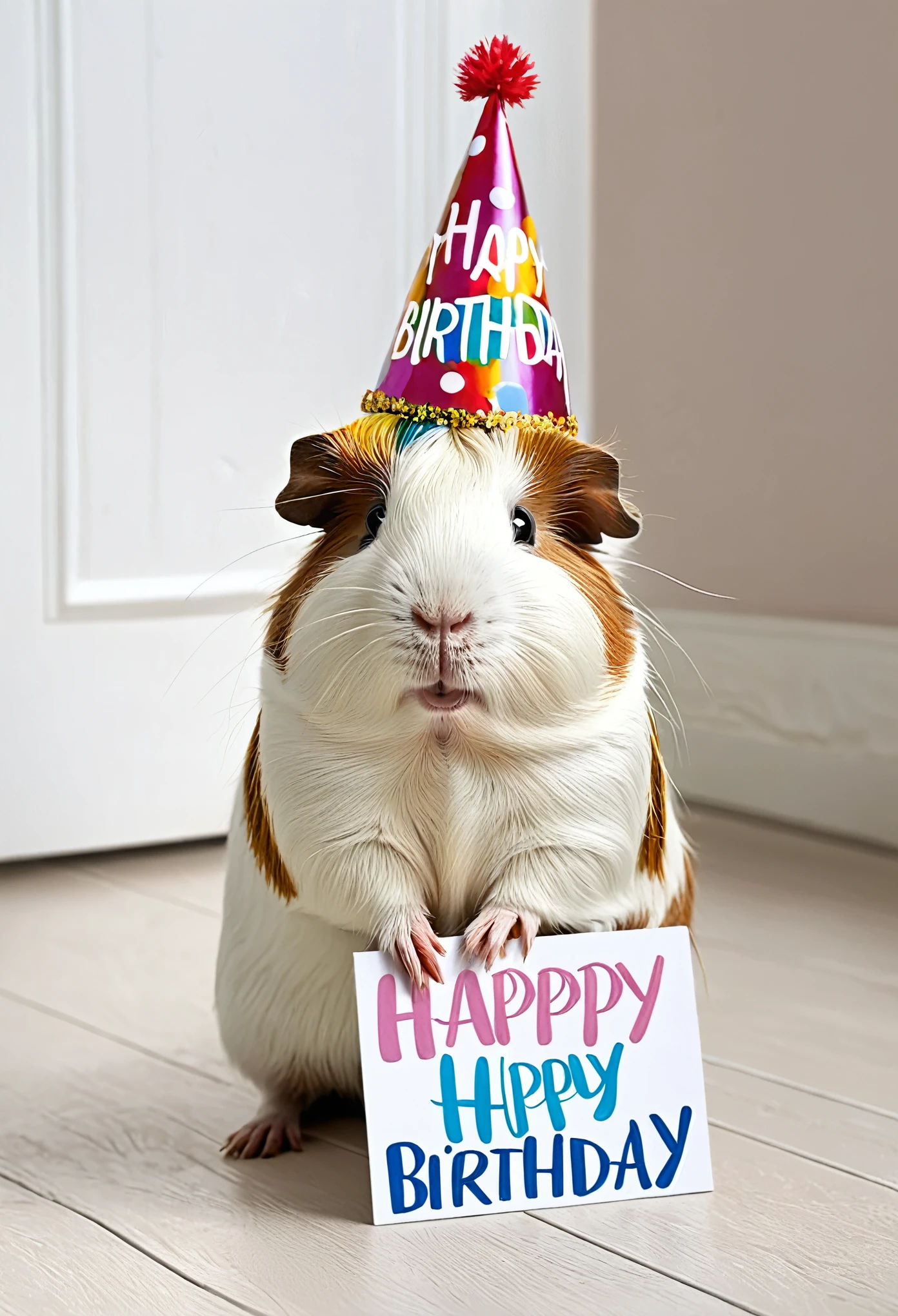 A guinea pig animal wearing a birthday hat inside a house and holding a happy birthday sign