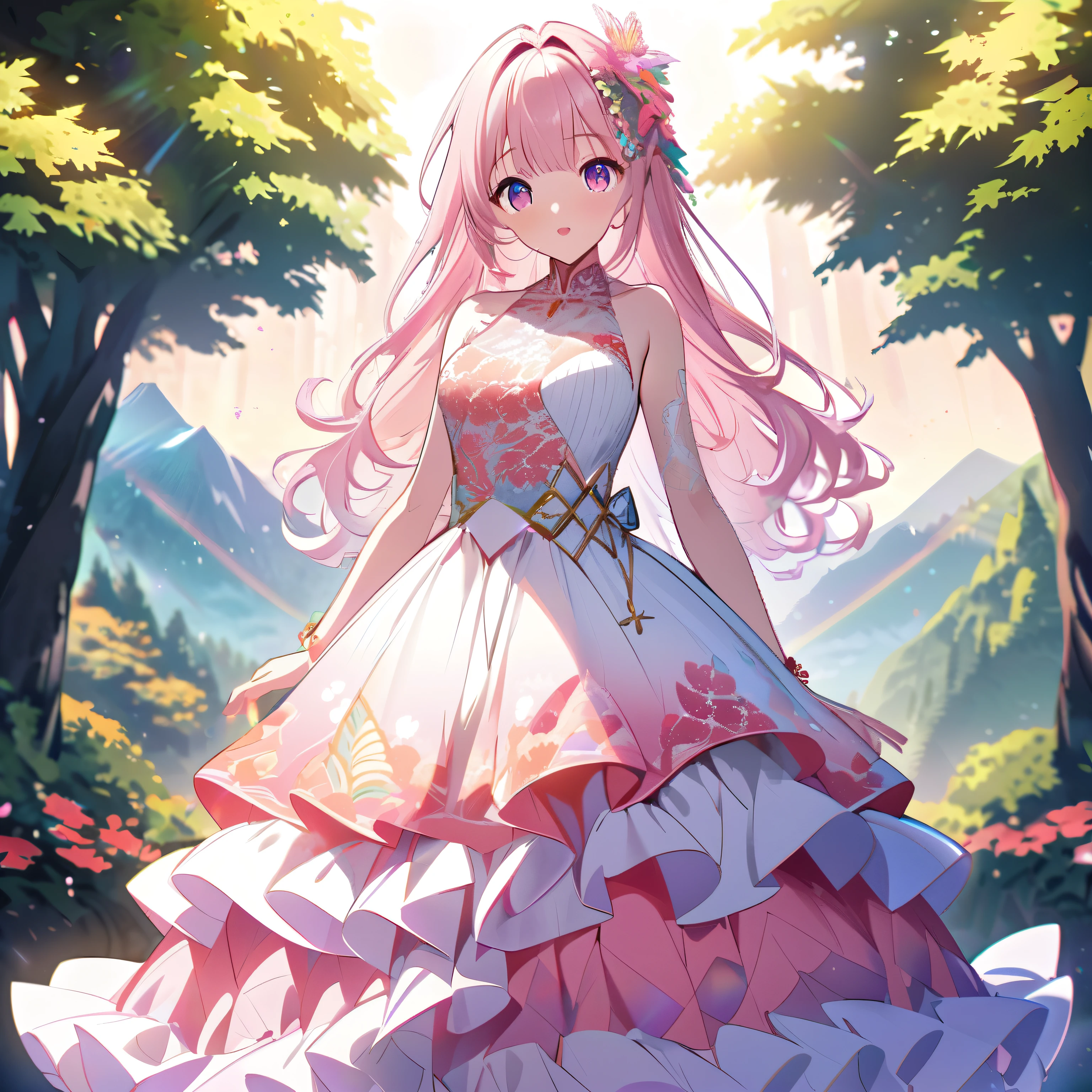 ``Japanese anime character, cute rabbit in pink color, beautiful adorable rabbit wearing an elegant and elaborate Hawaiian dress, the dress must have intricate designs and patterns to give it a luxurious and exclusive look. In the background, the image should depict the richness of the forest, with sunlight reflecting off the trees and illuminated mountains beyond. , emphasize the shimmering effect and rainbow throughout the image. Enhance your look and add special ruffles to your dress to stand out.”