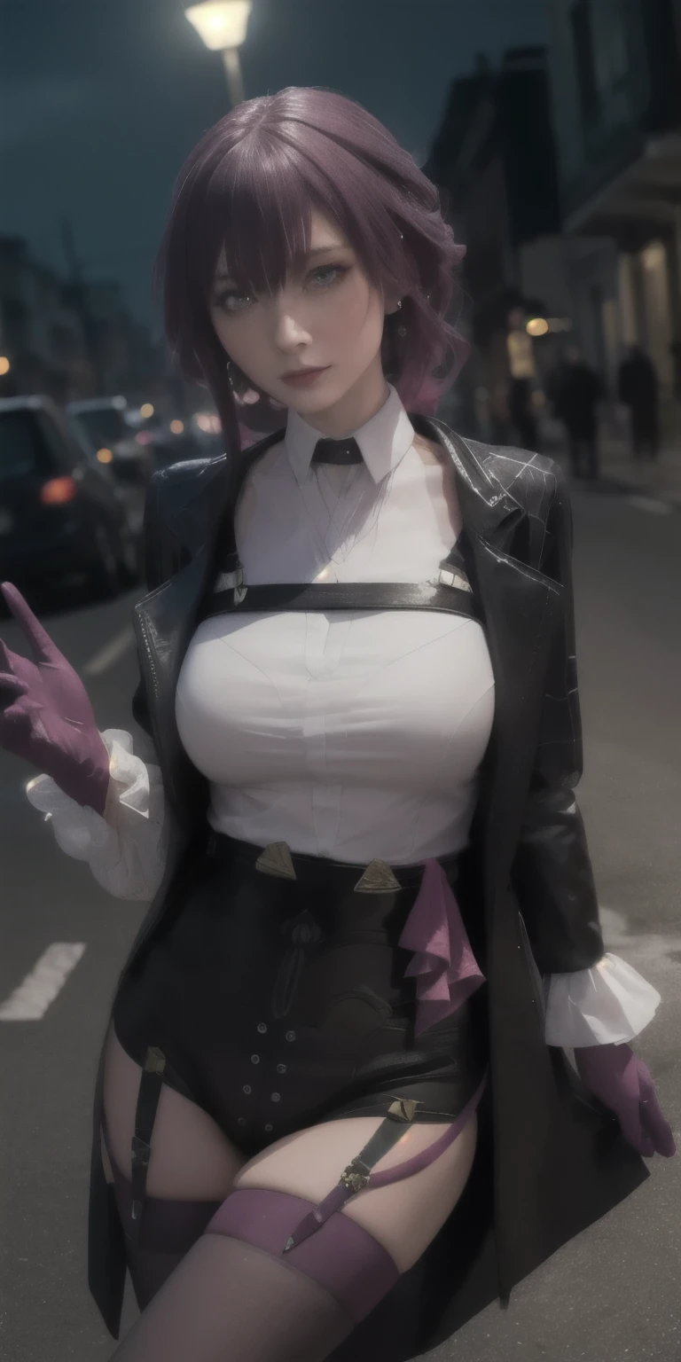 A sexy woman on the road at night,kafka,black jacket,Purple gloves,
huge filesize,artbook,medium breasts,cinematic_angle,Black stockings,slender_waist,, (masterpiece, high resolution, best quality:1.4, breathtaking, ultra detailed)