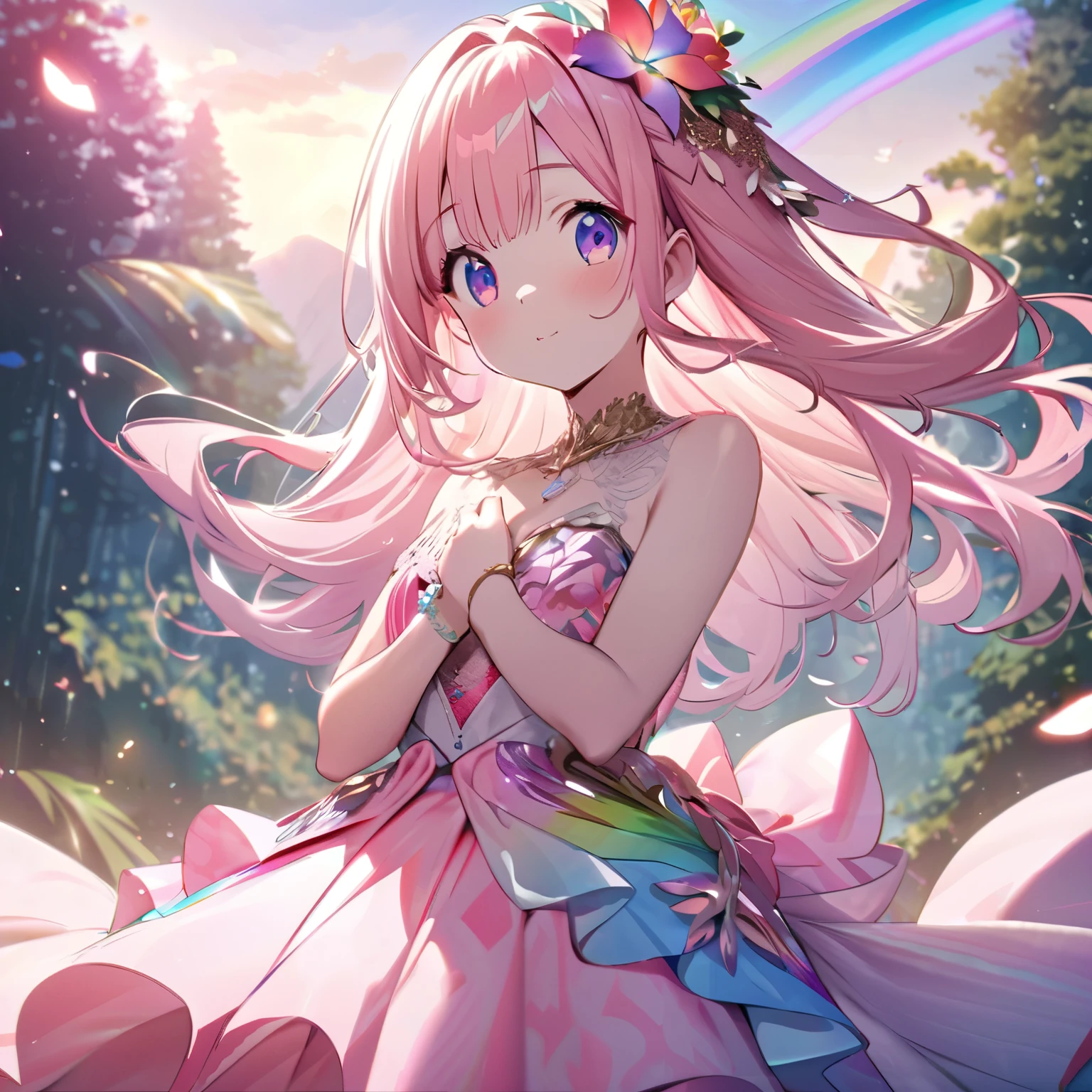 ``Japanese anime character, cute rabbit in pink color, beautiful adorable rabbit wearing an elegant and elaborate Hawaiian dress, the dress must have intricate designs and patterns to give it a luxurious and exclusive look. In the background, the image should depict the richness of the forest, with sunlight reflecting off the trees and illuminated mountains beyond. , emphasize the shimmering effect and rainbow throughout the image. Enhance your look and add special ruffles to your dress to stand out.”