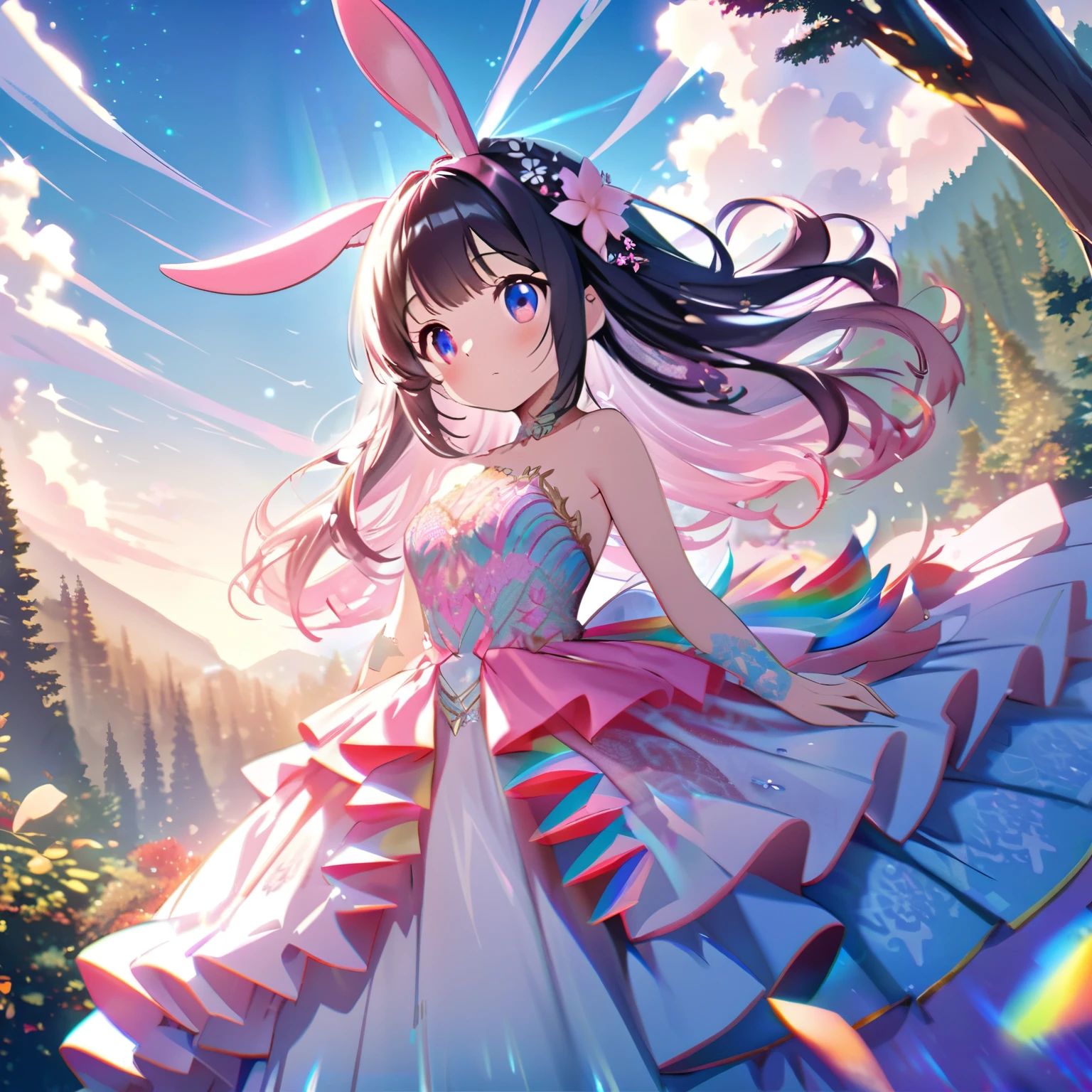``Japanese anime character, cute rabbit in pink color, beautiful adorable rabbit wearing an elegant and elaborate Hawaiian dress, the dress must have intricate designs and patterns to give it a luxurious and exclusive look. In the background, the image should depict the richness of the forest, with sunlight reflecting off the trees and illuminated mountains beyond. , emphasize the shimmering effect and rainbow throughout the image. Enhance your look and add special ruffles to your dress to stand out.”