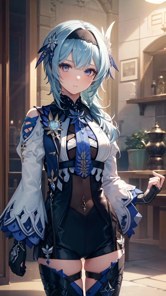 (photorealistic:1.4), (masterpiece, sidelighting, finely detailed beautiful eyes: 1.2), masterpiece*portrait, realistic, 3d face, eula \(genshin impact\), 1girl, ahoge, architecture, By bangs,Bare shoulders,Bell,black glove,(Black tights,light blue hair,Hair pin),Blushlush,Beautiful breasts,Chinese knot,the sleeve,flower knot,middle light blue hair,Look at the audience,middlebreast,Neckbells