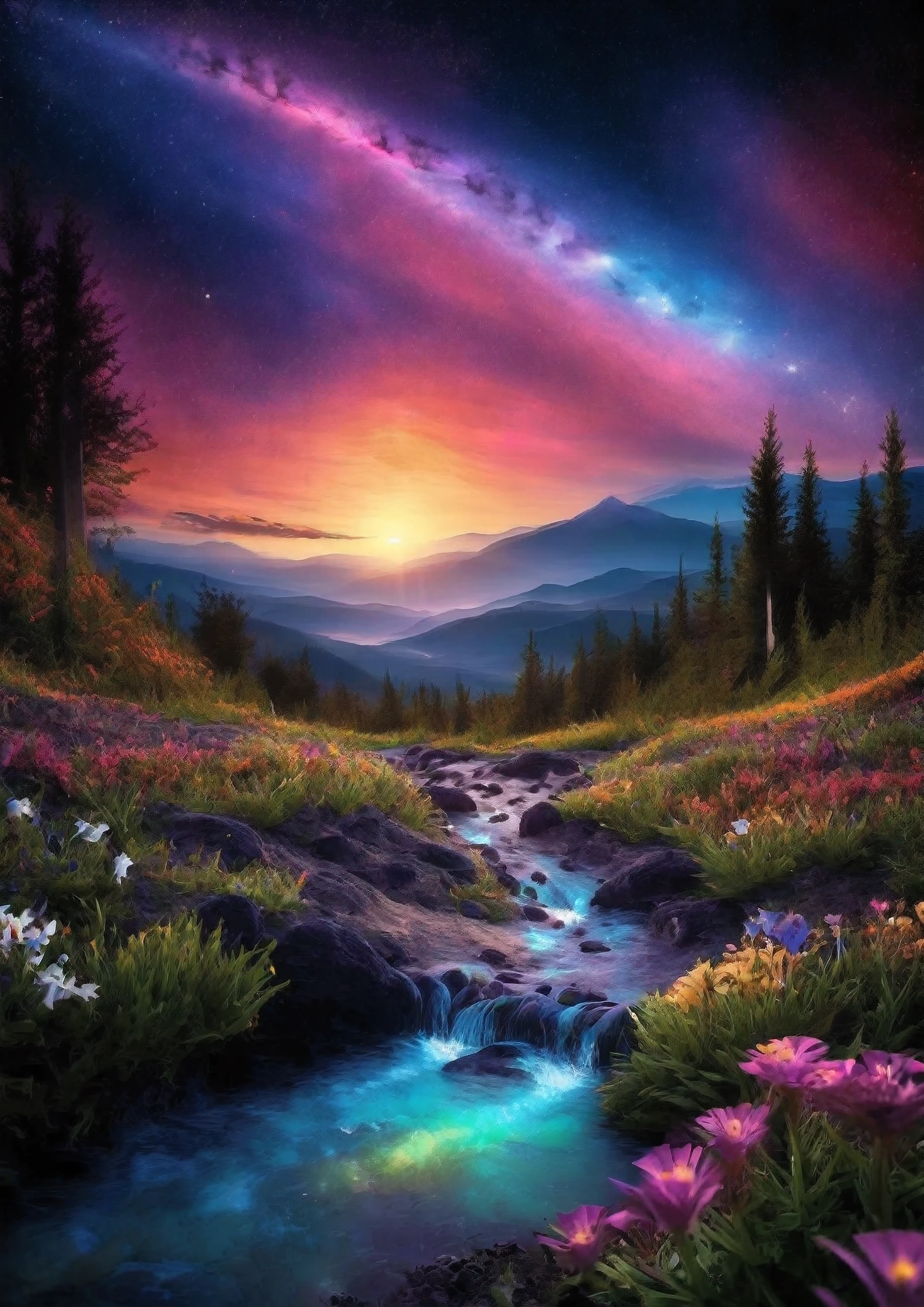 "Realistic image; Imagine a stunning landscape that blends the majestic elements of nature with the vastness of the universe, all bathed in vibrant, intense colors. In the center of the composition, an imposing mountain range rises against the horizon, its mountains covered in lush vegetation and exotic. depth of field, tilt blur, shutter speed 1/1000, F/22, white balance, 32k, super resolution, Pro Photo RGB, half backlight, backlight, dramatic lighting, Incandescent, Soft Lighting, Volumetric, Conte-Jour), (film –q 2 –s 750, –uplight –v 4 –q 2), (Classic film grain effect, –uplight), –would (-ar: 9.16) –s.
Above the mountains, the sky opens up in a spectacle of cosmic colors. A spiral galaxy slowly rotates, its stars twinkling in shades of blue, purple and pink. Bright nebulas dot the firmament, adding an aura of mystery and wonder to the scene. Ribbons of colorful lights dance among the stars, creating a cosmic auroral spectacle that illuminates the darkness of the night.
In the foreground, a stream meanders through the landscape, its crystal clear waters reflecting the glow of the stars and galaxy above. Colorful fish swim in the depths of the stream, while iridescent butterflies dance around the wildflowers that grow on its banks.
The image is captured in 4K resolution, highlighting every detail of the landscape with clarity and sharpness. The vibrant, intense colors add a palpable energy to the scene, while the combination of natural and cosmic elements creates an atmosphere of grandeur and beauty. This image is truly remarkable, a vision that captivates the imagination and inspires awe at the world around us."
