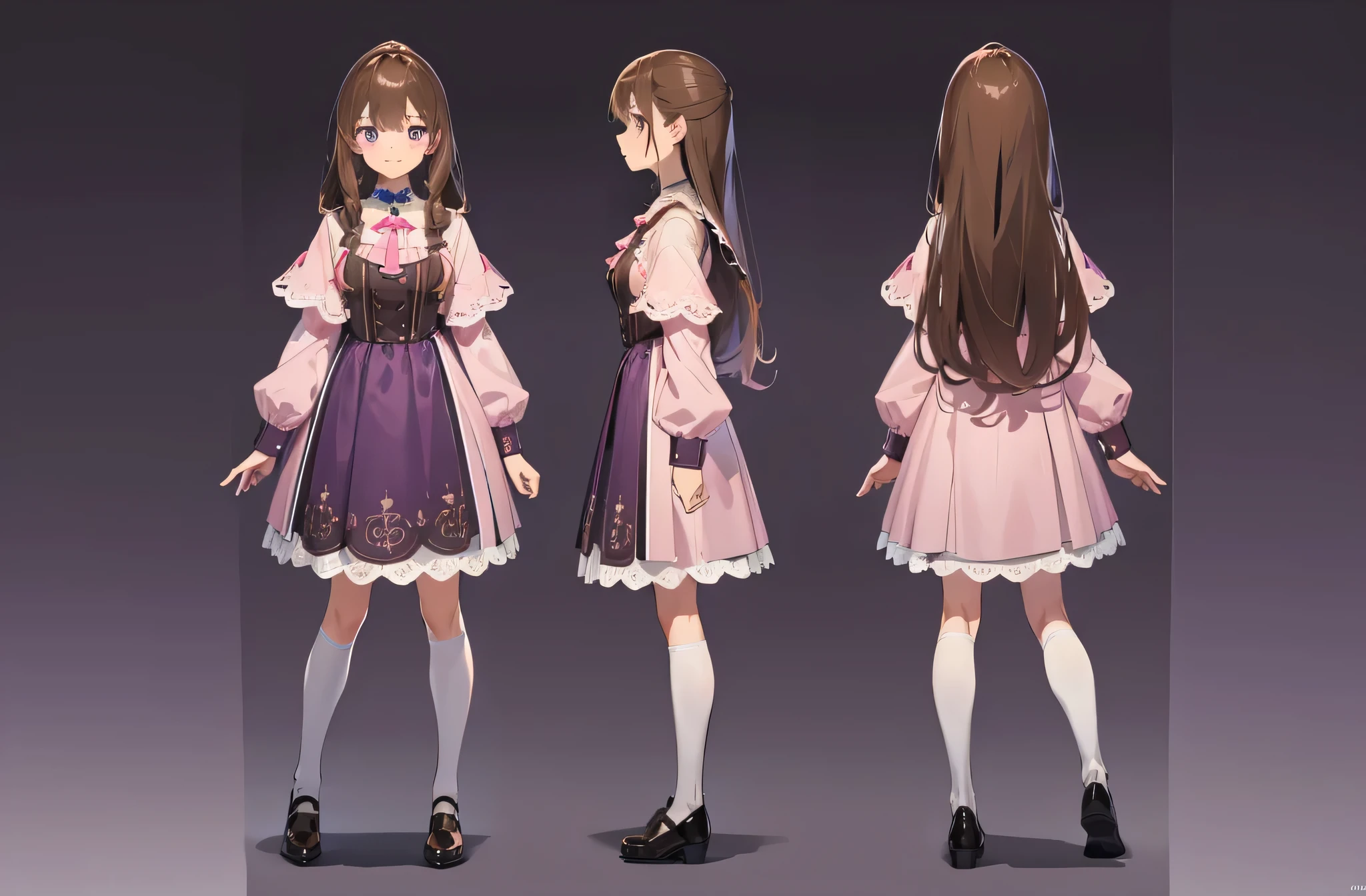 (masterpiece:1.2, best quality), 1woman, tall, adult, cute face, big eyes, round cubby cute face, smile, long legs, full body, adult mature female (long light Brown hair, (brown-pink mullet 1.1)), ( long hair), purple eyes, (purple pupil,) Lolita, dress Lolita, Cute ribbon, girl style ((masterpiece)), (((best quality))), (character design sheet, same character full body, front, side, back), Illustration, hair color, bangs, hair fax, eyes, environment change, pose kota, female, game design character sheet for 2d game, full body, model sheet turnaround, full color, two thirds wiew, front::4 view and back view, high resolution, 8k, 4k, high quality