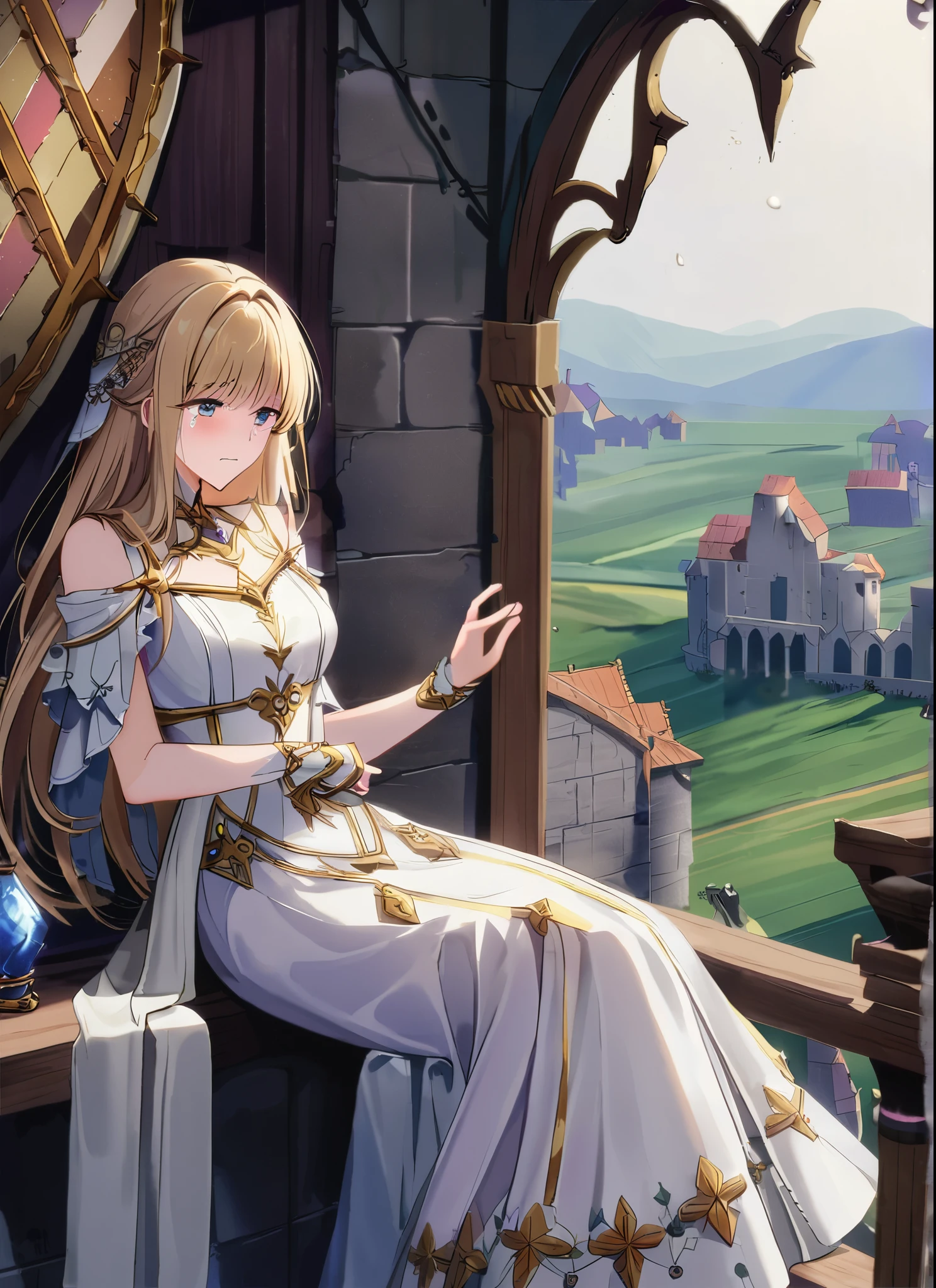 A monark girl in a godess delicate cute white sexy dress, detailed fornitures, from the balcony, seein the kingdom fall, tears, despair, war, medieval