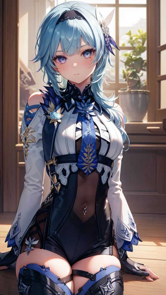 (photorealistic:1.4), (masterpiece, sidelighting, finely detailed beautiful eyes: 1.2), masterpiece*portrait, realistic, 3d face, eula \(genshin impact\), 1girl, ahoge, architecture, By bangs，Bare shoulders，Bell，black glove，（Black tights，light blue hair，Hair pin），Blushlush，Beautiful breasts，Chinese knot，the sleeve，flower knot，middle light blue hair，Look at the audience，middlebreast，Neckbells