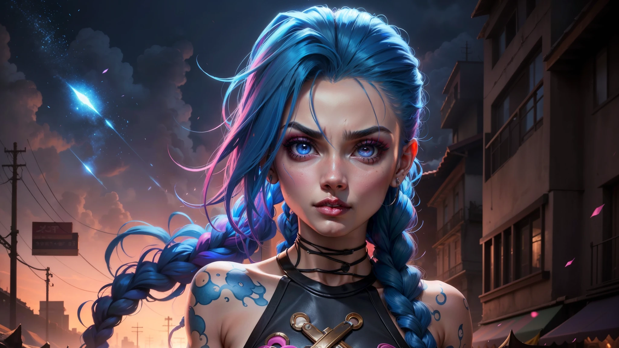 brillante, enfoque facial, retrato, loco, locura, brillante ojos rosados,estilo arcano, 1 chica, arm tatuaje, asymmetrical golpes, golpes, pelo azul, trenza, brown camisa, cloud tatuaje, mirando al espectador, Laugh, loco, risa incontrolable, mirada loca, noche, Ciudad, pelo azul , pelo largo, diafragma, ojos rosados, labios rojos, camisa, solo, de pie, tatuaje, twin trenzas, parte superior del cuerpo, arcane Gafe, Gafe \(League of Legends\)