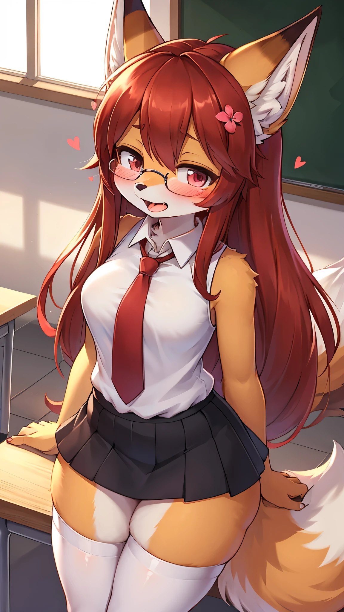 best quality,best resolution,(fluffy anthro furry :1.6),fox girl,red long hair,curvy hair,classroom,light and shadow,(white shirt),sleeveless,red necktie,black skirt,white stocking,glasses,flower hairpin,looking at viewer,horny face,open mouth,very close eyes,orgasm,full face blush,tense pose,heart eyes,heart expression eyes,horny pose