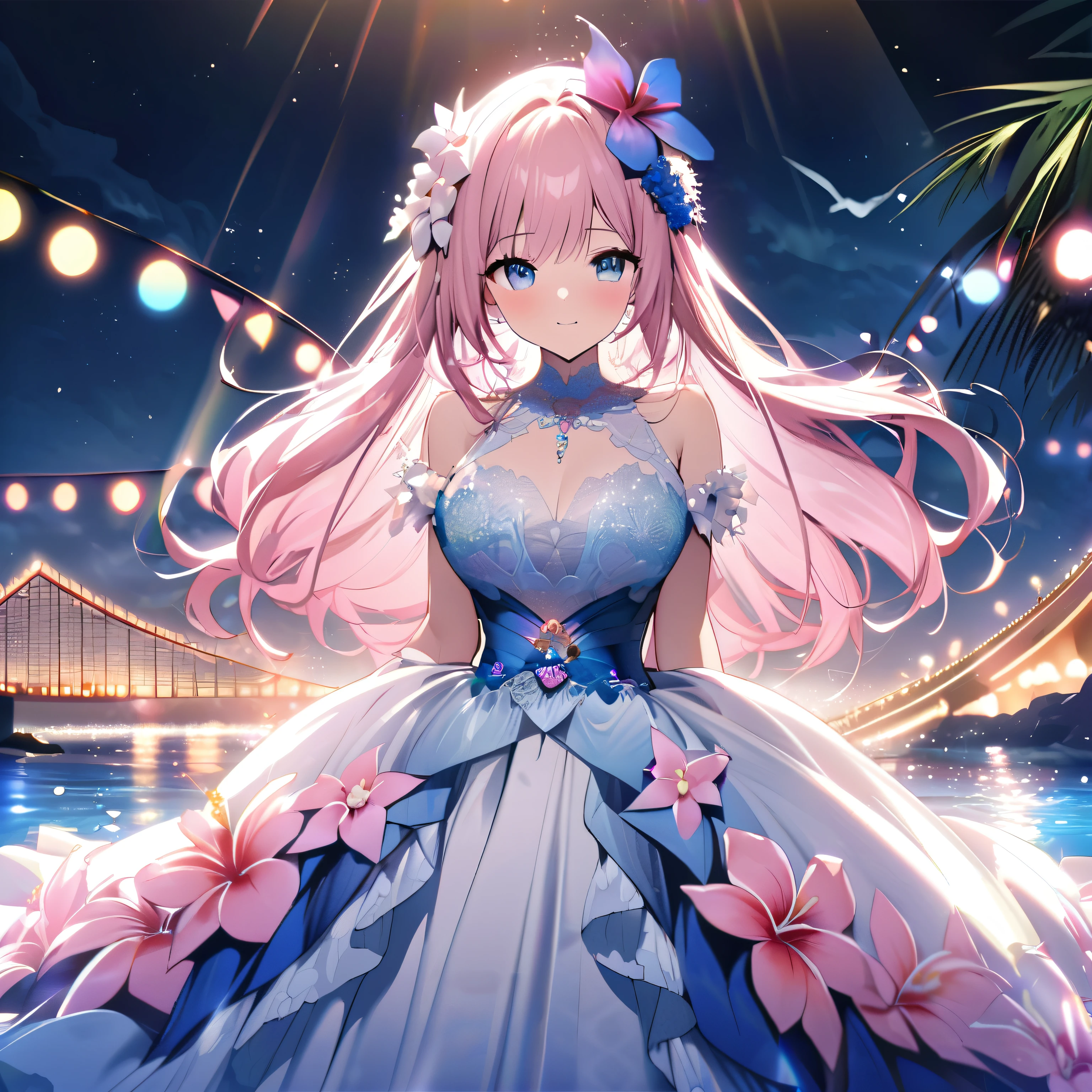 ``She has long pink hair and beautiful eyes.、Beautiful woman in an elegant and elaborate Hawaiian dress.For the dress、It needs intricate designs and patterns to give it a luxurious and classy look.。.In the background , The image is、The light reflected on the water surface、Beyond that is an illuminated bridge、It must depict a romantic Hawaiian beach at night.。, Enhance the sparkle effect and rainbow throughout the image. Enhance your looks、Add some special frills to your dress to make it stand out.”