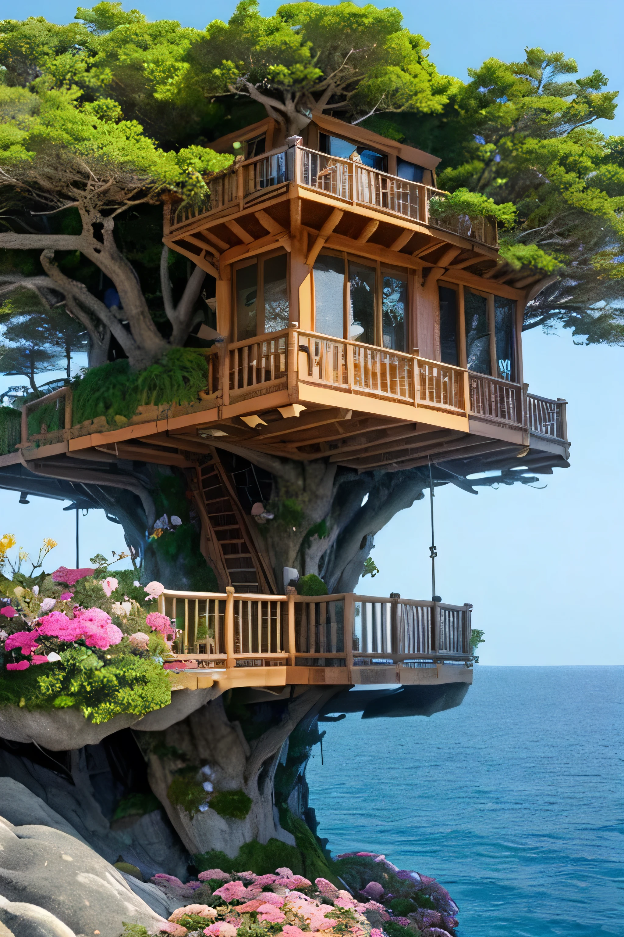 Perfection The Coolest tree house on a large rock in the middle of the sea with flowers in front of the house and trees on both sides of the house