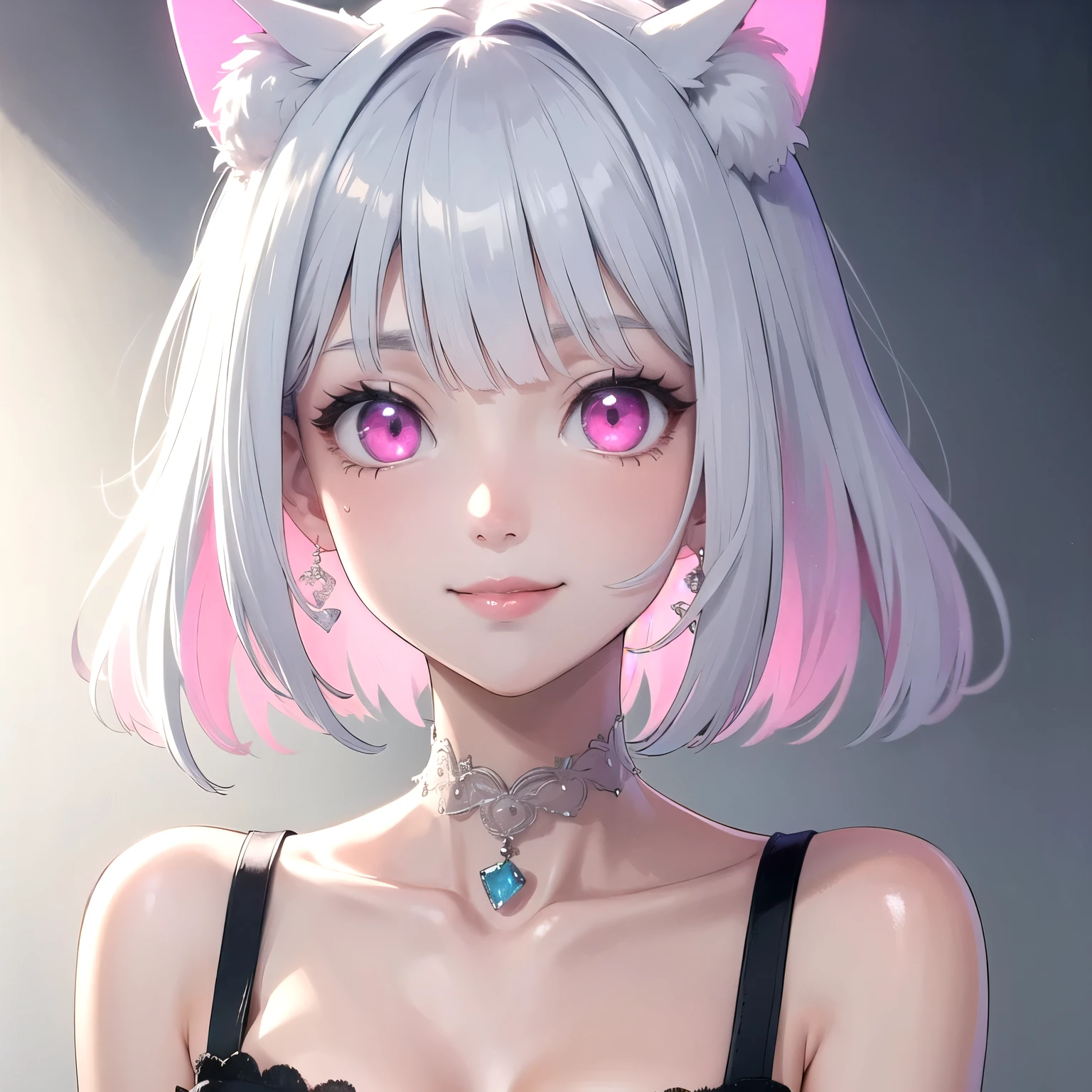 ((best quality)), ((masterpiece)), (detailed), perfect face. White hair. Short hair. Inner pink. Anime girl. Pink eyes. Glowing eyes. Nekomimi. Smile. Tanktop.