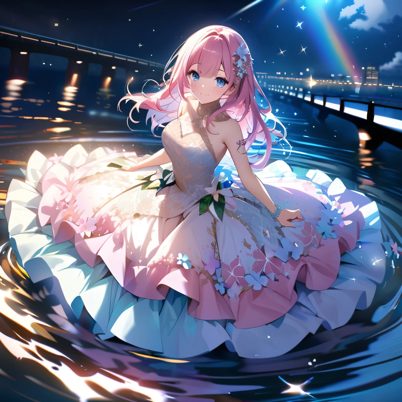 ``She has long pink hair and beautiful eyes.、Beautiful woman in an elegant and elaborate Hawaiian dress.For the dress、It needs intricate designs and patterns to give it a luxurious and classy look.。.In the background , The image is、The light reflected on the water surface、Beyond that is an illuminated bridge、It must depict a romantic Hawaiian beach at night.。, Enhance the sparkle effect and rainbow throughout the image. Enhance your looks、Add some special frills to your dress to make it stand out.”