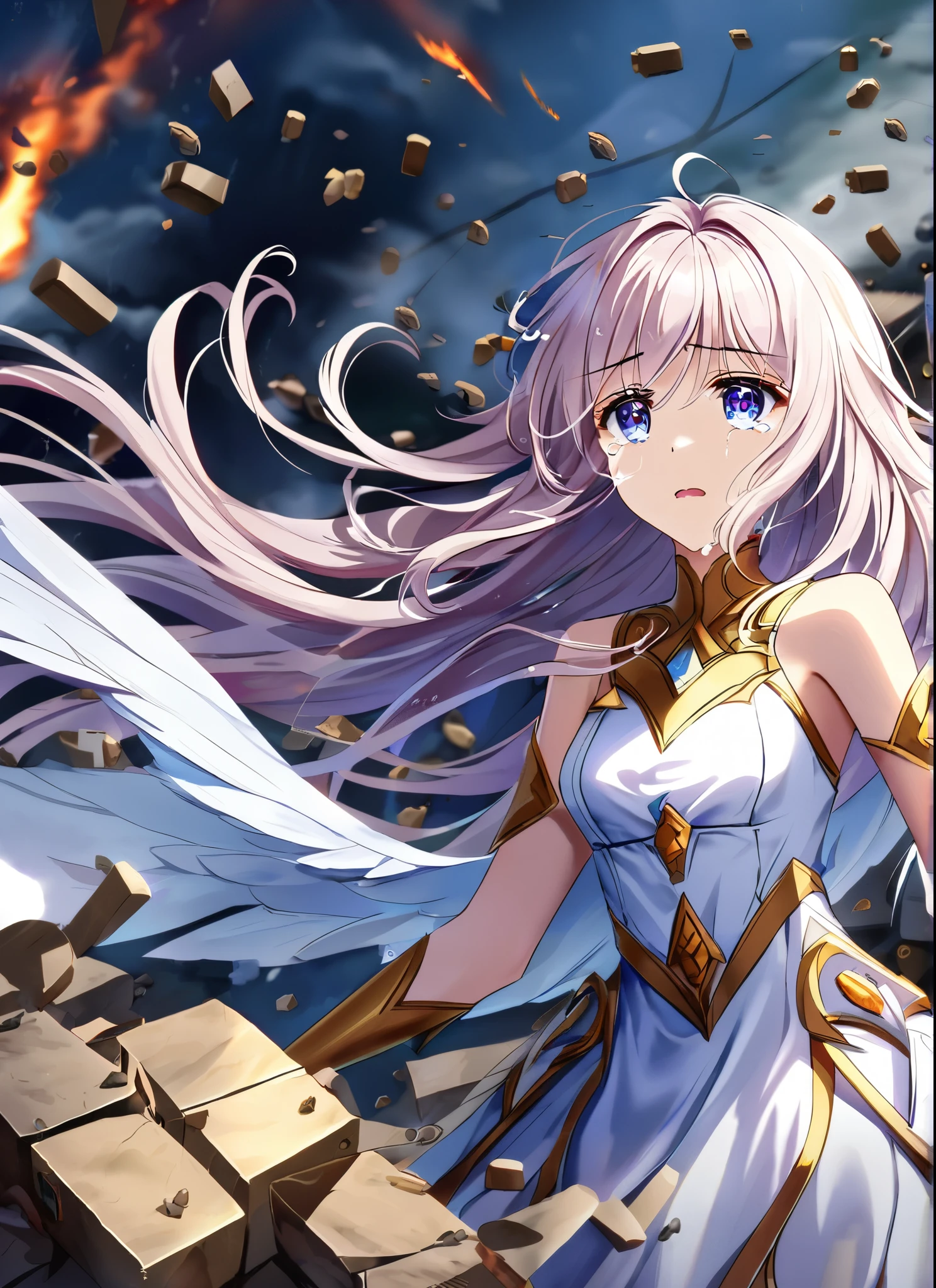 A monark girl in a godess delicate cute white sexy dress, archangel, detailed fornitures, in the middle of battlefield, emotions, flowing hair, intense eyes, smoke and debris, defeated army, fallen soldiers, chaos, sadness, sorrow, tears flowing in the face