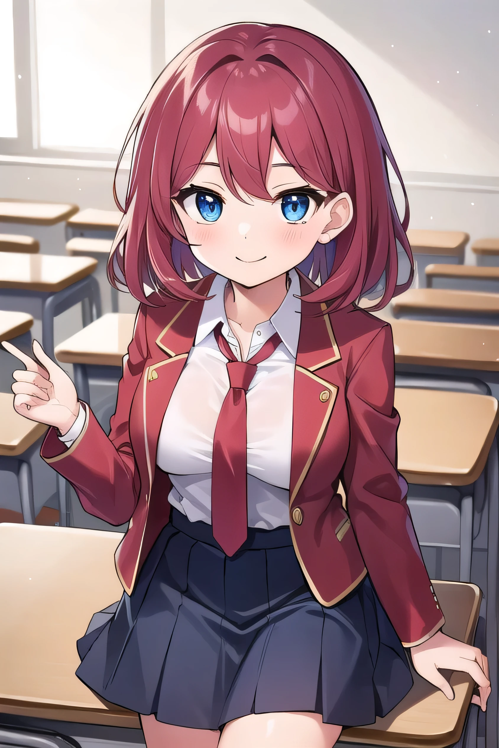 Big breasts, red hair, blue eyes, droopy eyes, red jacket, long sleeves, navy skirt, elementary school student, super big breasts, (medium hair: 1.2), baggy clothes, elementary school student, young face, short height, 10 years old, old, shy A shy guy, smiling a little, in the classroom, trying to open the buttons of his shirt, white shirt, red tie，straight hair