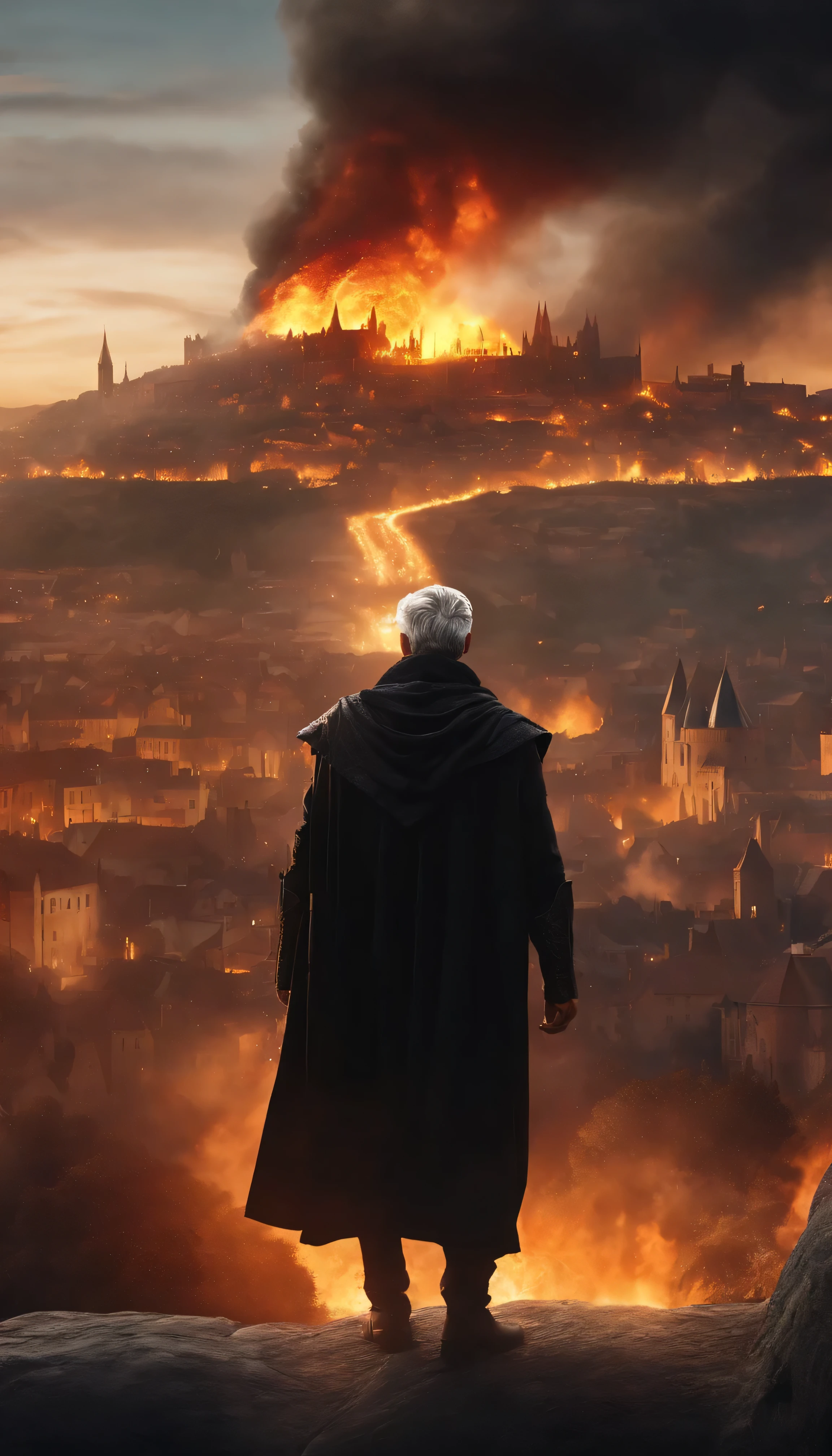 8k, close distance portrait, a male wizard with black clothes and grey short hair from behind, hand up to the sky, Sllaming a super massive huge fireball toward a medieval city in the distance from hill, with a burning medieval city background the distance, city destroyed and burning