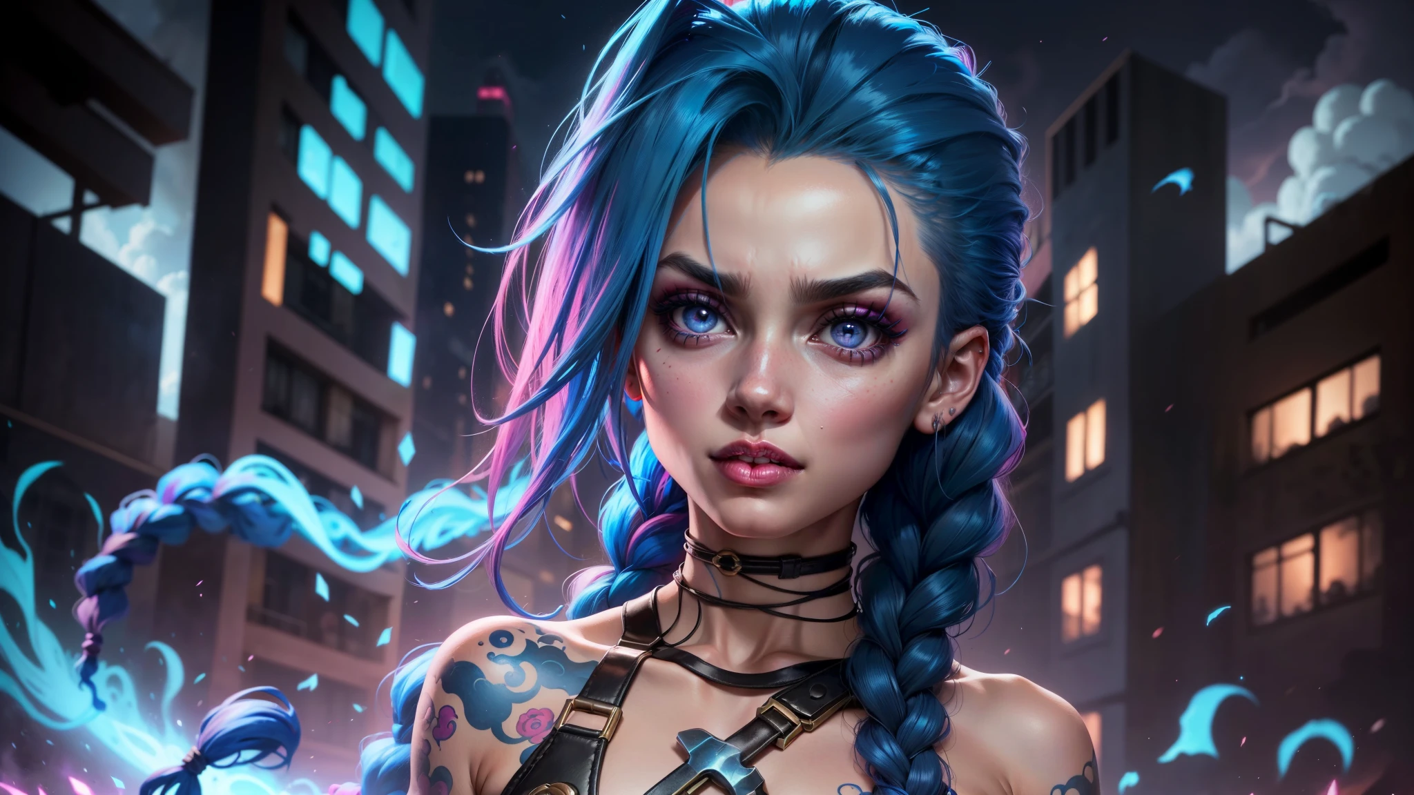 brillante, enfoque facial, retrato, loco, locura, brillante ojos rosados,estilo arcano, 1 chica, arm tatuaje, asymmetrical golpes, golpes, pelo azul, trenza, brown camisa, cloud tatuaje, mirando al espectador, Laugh, loco, risa incontrolable, mirada loca, noche, Ciudad, pelo azul , pelo largo, diafragma, ojos rosados, labios rojos, camisa, solo, de pie, tatuaje, twin trenzas, parte superior del cuerpo, arcane Gafe, Gafe \(League of Legends\)