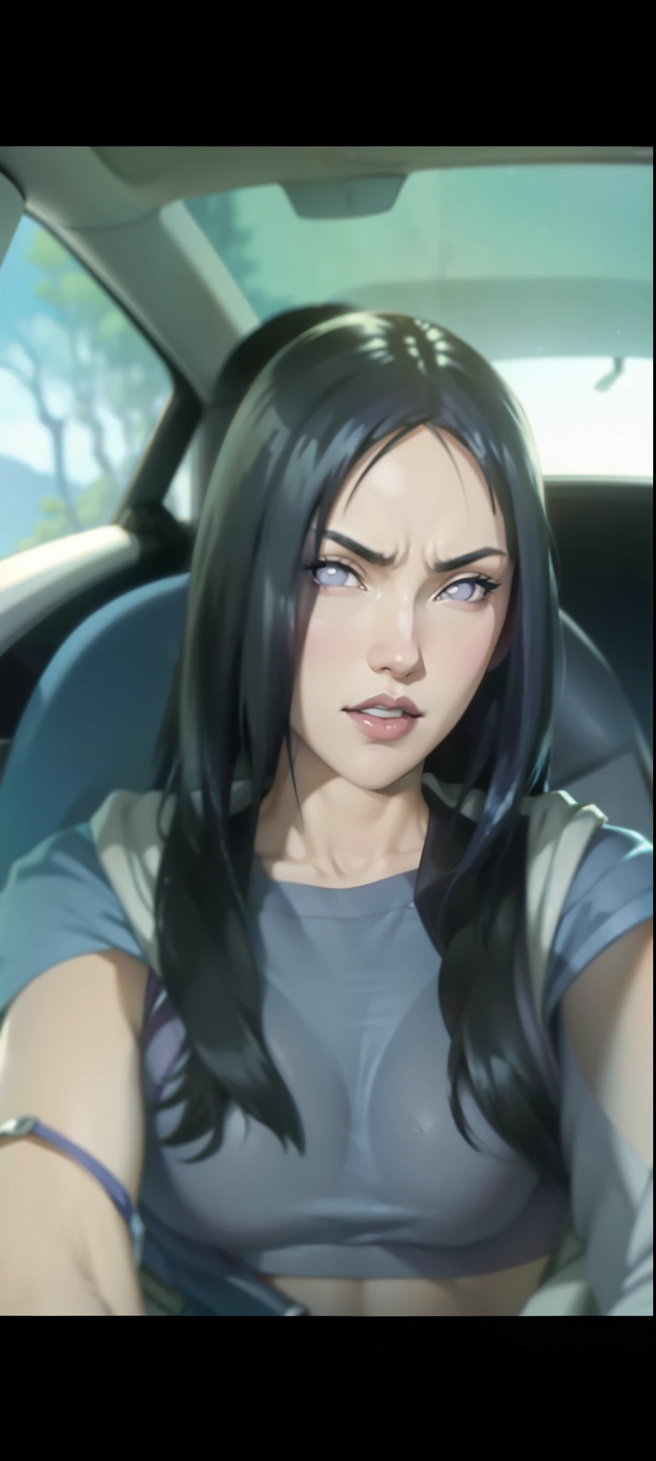 Hinata Hyuga, extremamente realista, muito linda, em um carro, cabelo liso