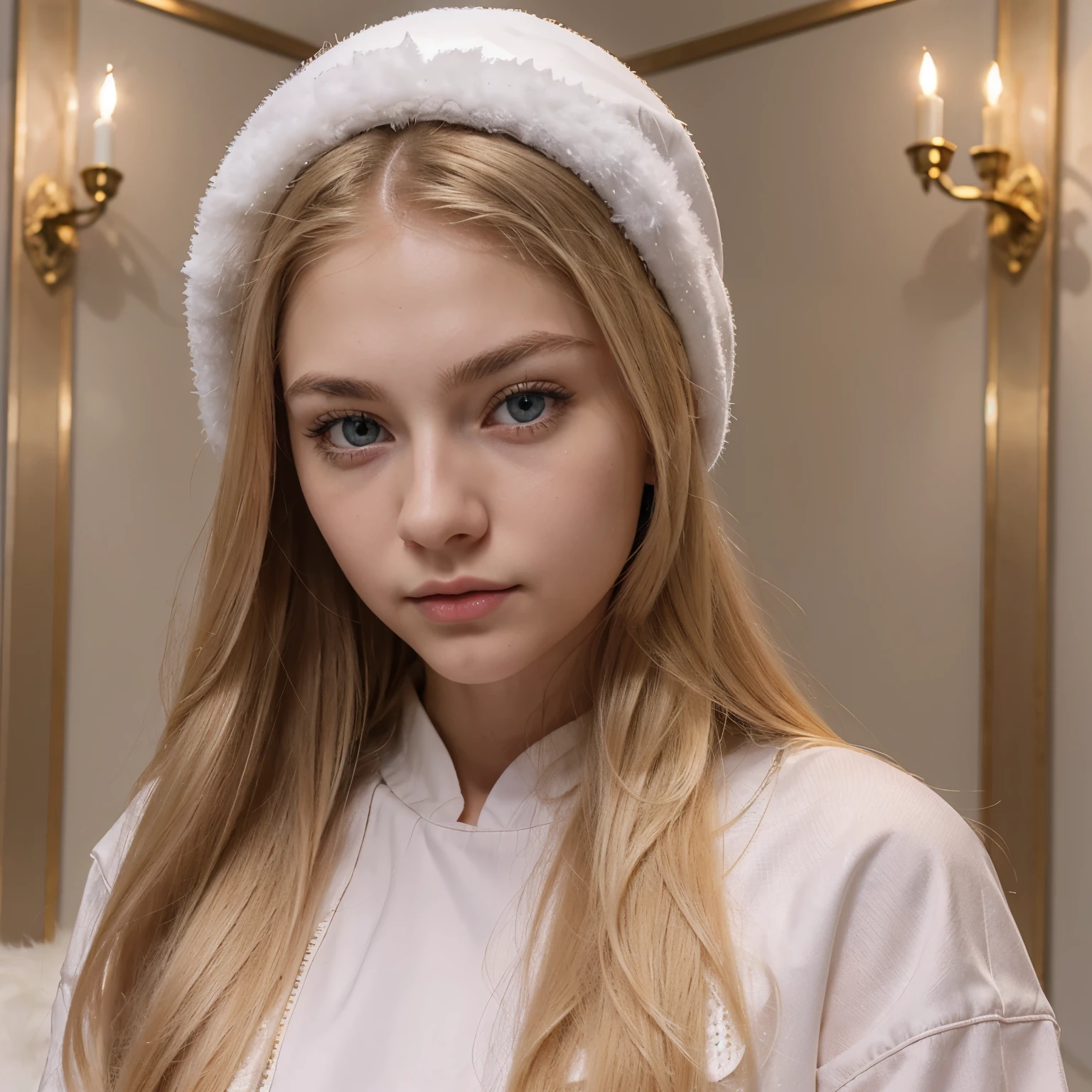 Blonde long hair down to thighs, Slavic, Russian, , blue eyes, almond shaped eyes, long eyelashes, plump lips, pale, skinny, thin, fit, straight eyebrows, oval face, pink nails, soft skin, pretty, Russian mafia daughter, in winter rich clothes.
