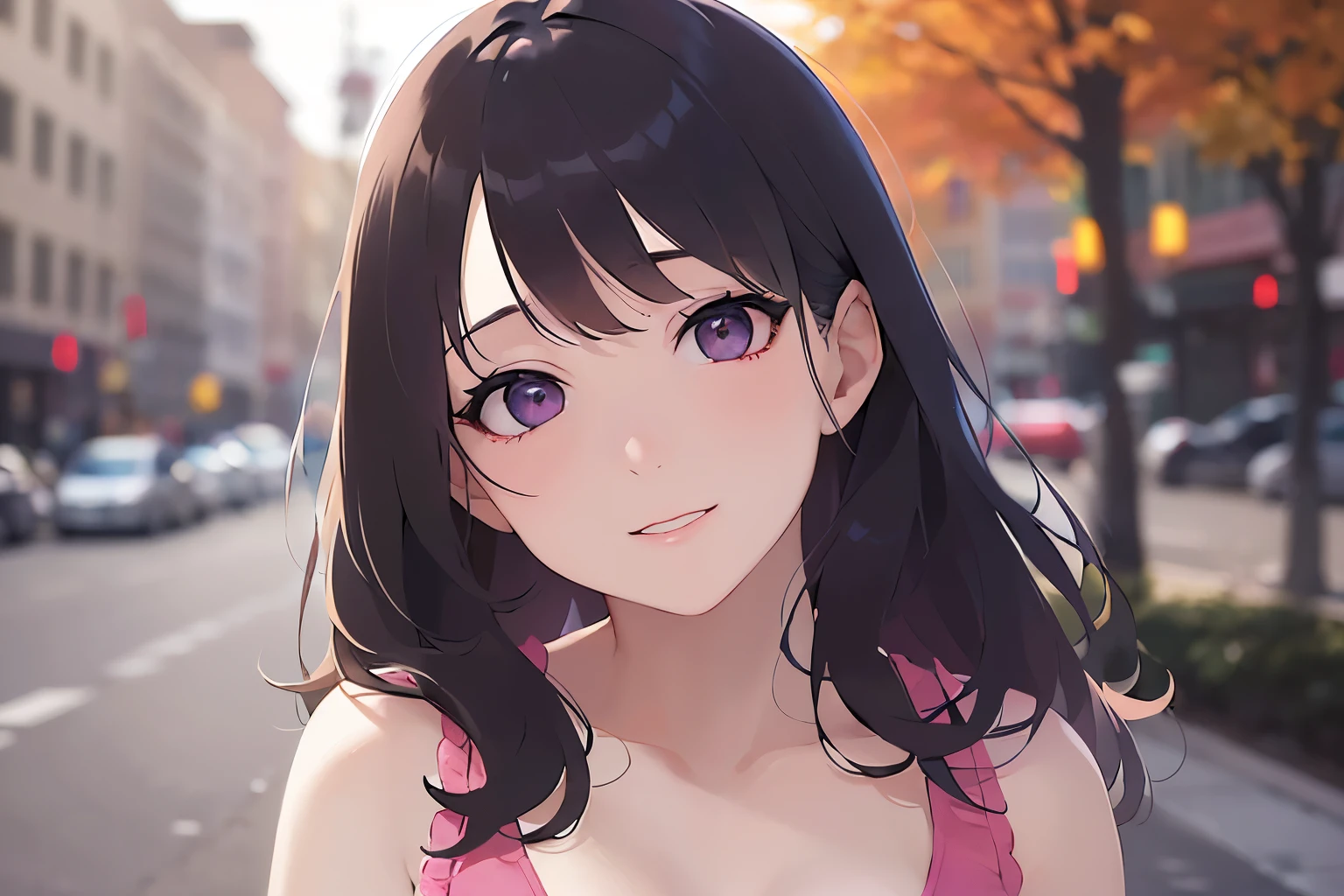 looking up, head tilt、Upper Body, Realistic, real person, (pale skin: 1.2), RAW photo, photorealistic, portrait photography, shiny skin, shiny hair、(A 25-year-old woman with wavy hair and bangs) and (medium hair) and (black hair) and (purple eyes) , (pink dress) and (Off the shoulder) and (long sleeve)、smile, The background is a park、wood、grass、Sidewalk、Alone、Are standing