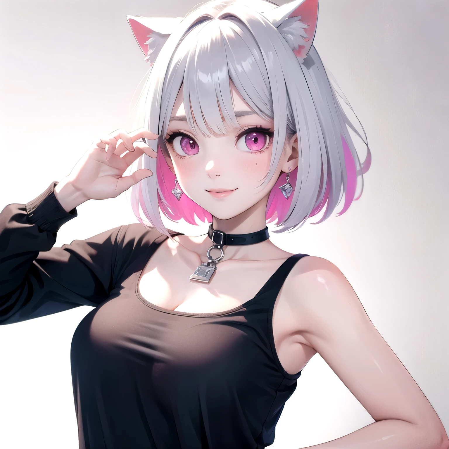 ((best quality)), ((masterpiece)), (detailed), perfect face. White hair. Short hair. Inner pink. Anime girl. Pink eyes. Glowing eyes. Nekomimi. Smile. Tanktop.