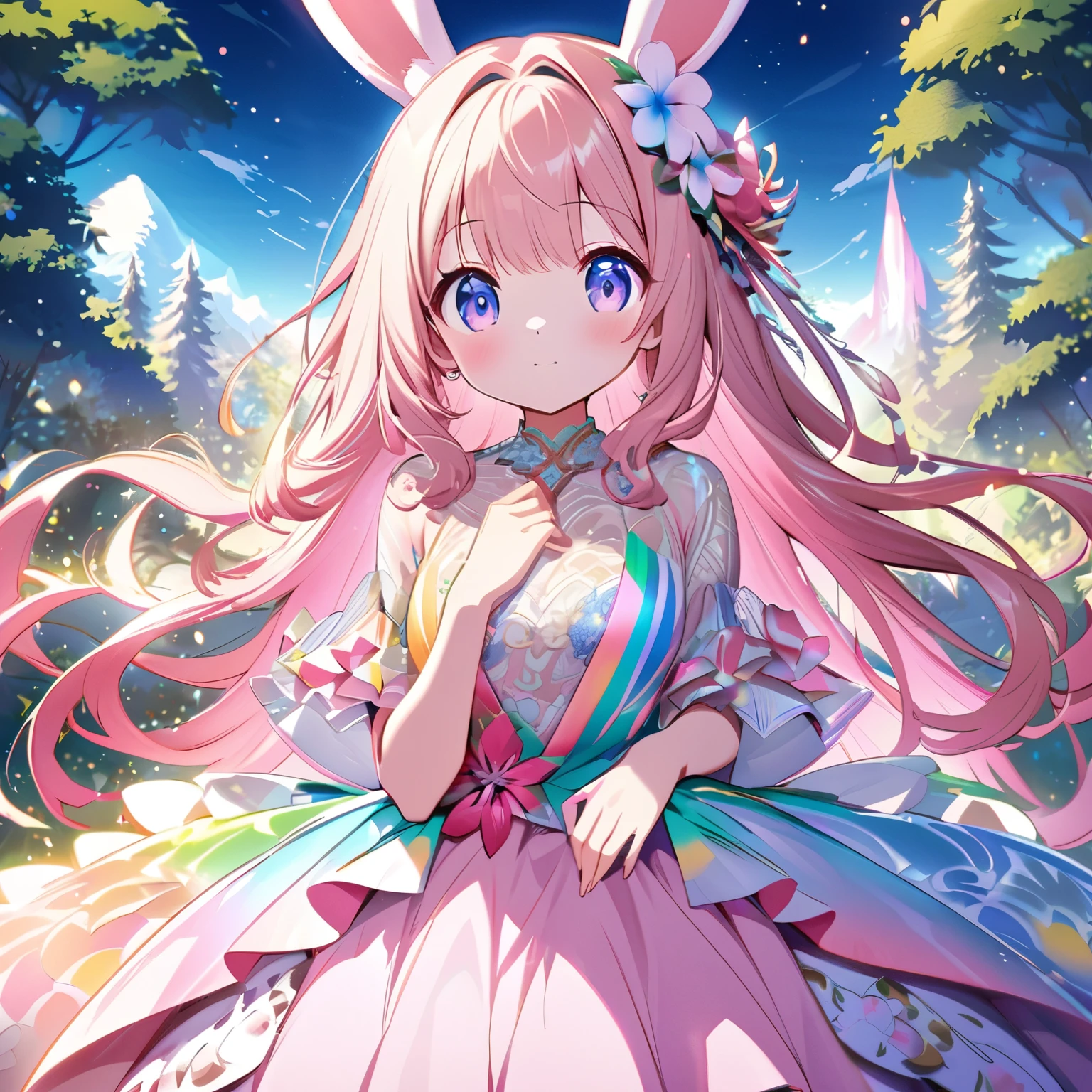 ``Japanese anime character, cute rabbit in pink color, beautiful adorable rabbit wearing an elegant and elaborate Hawaiian dress, the dress must have intricate designs and patterns to give it a luxurious and exclusive look. In the background, the image should depict the richness of the forest, with sunlight reflecting off the trees and illuminated mountains beyond. , emphasize the shimmering effect and rainbow throughout the image. Enhance your look and add special ruffles to your dress to stand out.”