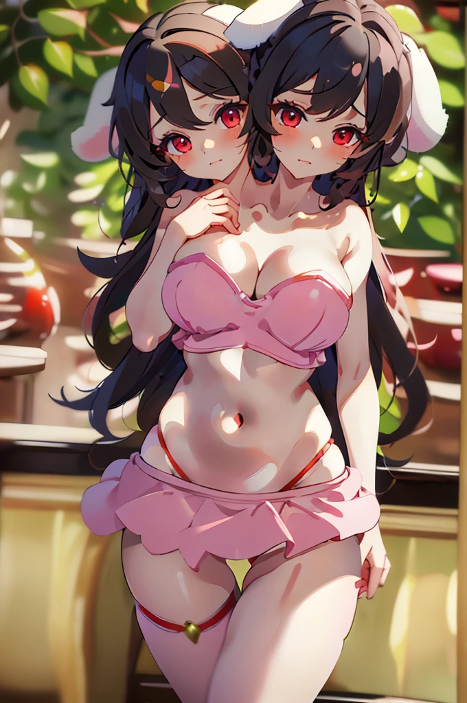 (masterpiece, best quality),best quality, (ultra-detailed), (3heads:1.5), 1girl, (inaba tewi:1.3), masterpiece, best quality, ultra quality, ultra resolution, ultra detail, pink top, crop top, ((stomach)), midriff, ((groin)), pink skirt, normal ears, shackles, black hair, very long hair, wavy hair, sidelocks, red eyes, parted lips, rabbit girl, sweat, cute, toned belly, hand on own chest, eyelashes, (23 year old woman:1.3), (masterpiece:1.5), (best quality:1.5), (beautiful detailed), extremely detailed CG, extremely delicate and beautiful, depth of field, (finely detailed face), (perfect details:1.2), ( female:1.3), wide pelvis, slender, large veiny breastresolution, highres, very high quality, very high definition, extremely detailed, masterpiece, black hair, long hair, alluring presence, braid, short skirt, close up, big tits, yobit ears,