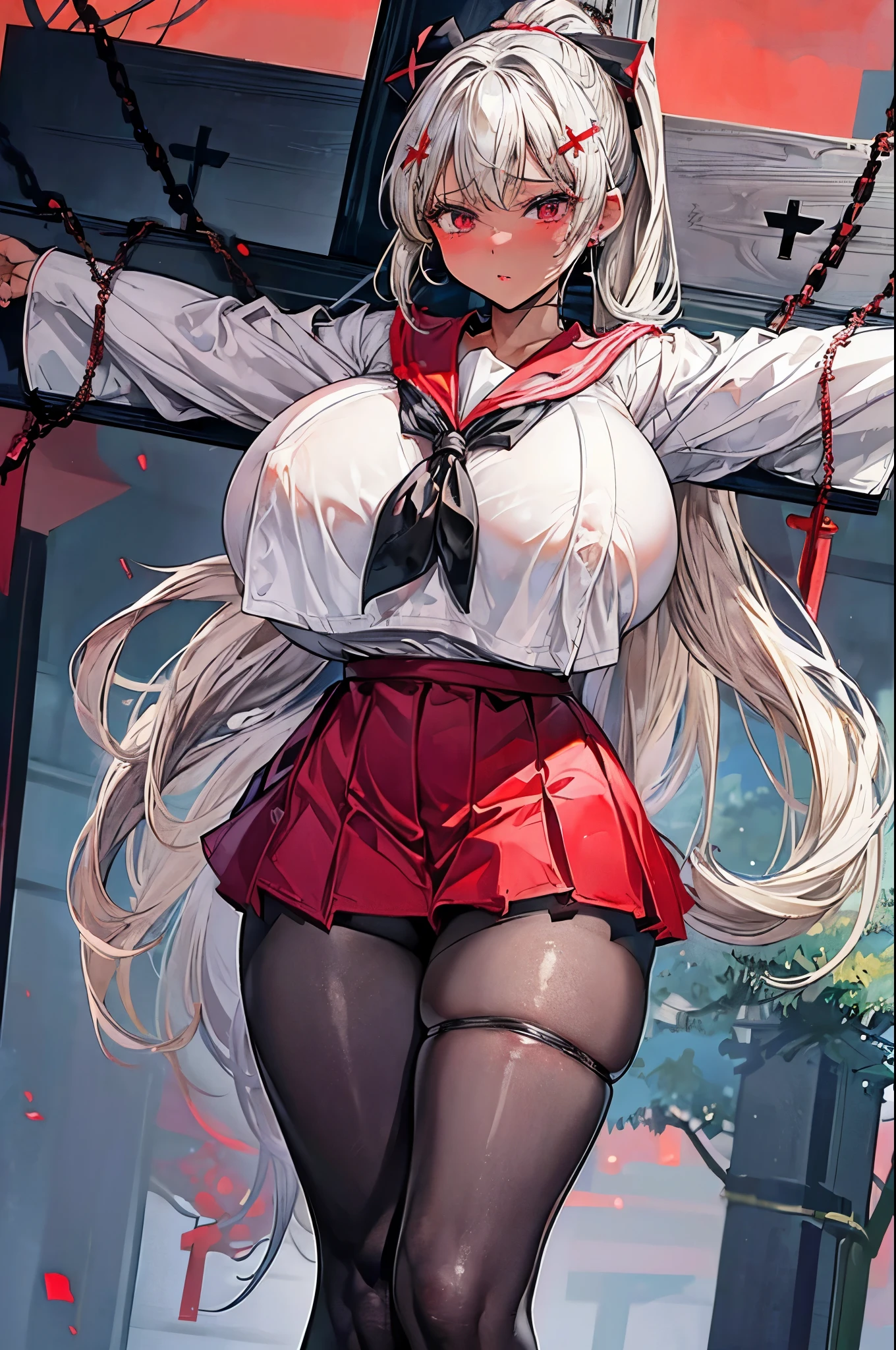 (masterpiece:1.2、highest quality、Tmasterpiece)、1 female、alone、classroom、Day、Beauty、blonde、ponytail、Red eyes、(Sailor suit:1.4)、(Dark Skin:1.4)、Blake、Big Breasts、Long sleeve、corset、Earrings、lipstick、pantyhose、mini skirt、Very sweaty、choker、blush、Covered breasts、Bangs braids、(Thick lips:1.2)、(Crucifixion:1.4)、(Chained to a cross:1.4)、(Restrained by chains:1.3)、bdsm